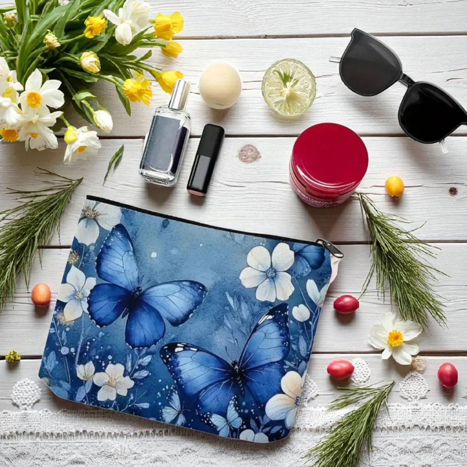 Other Blue Butterfly Floral Cosmetic Bag - Makeup Organizer Size ONE SIZE - 3 Thumbnail