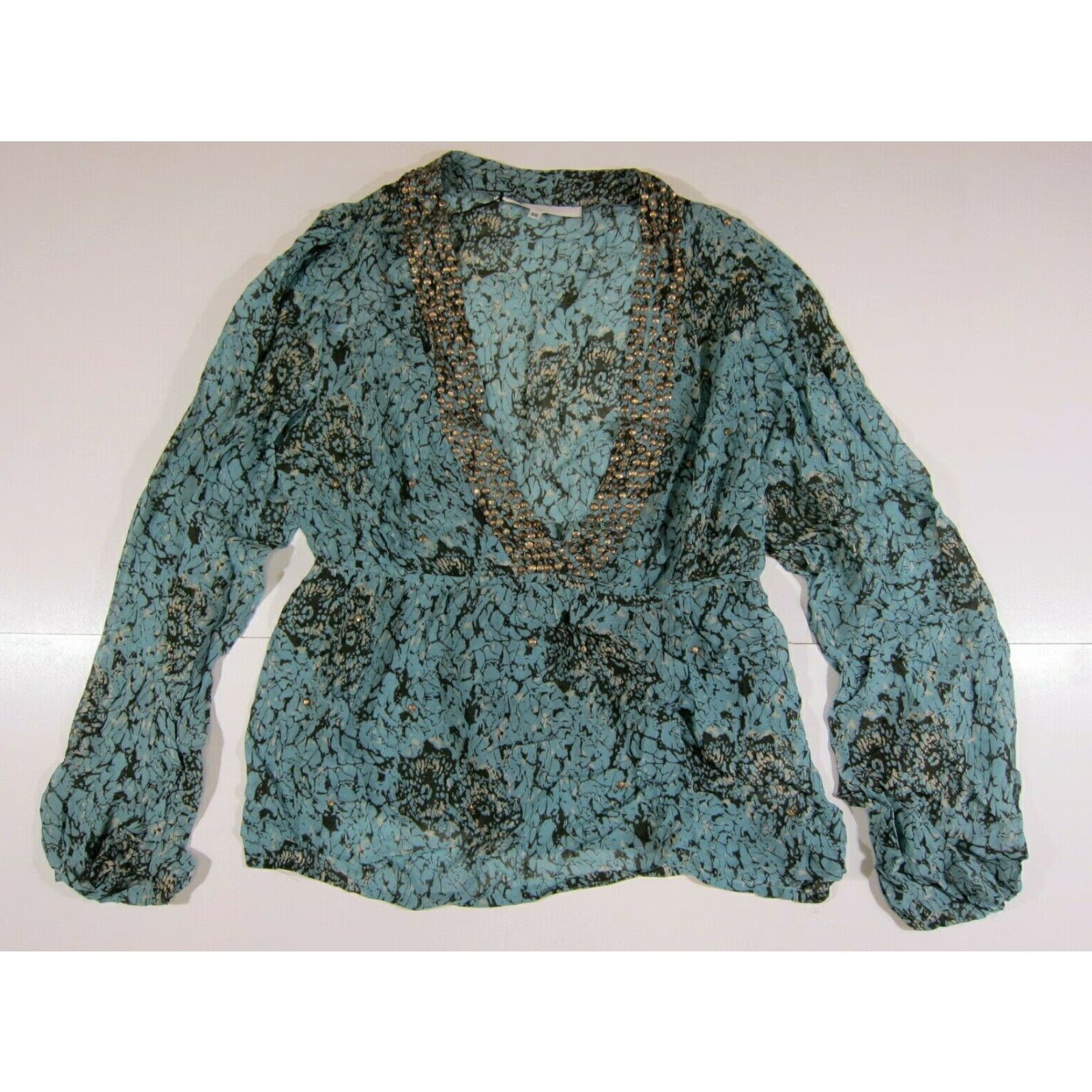 Vintage NWT Fairly 100% Rayon Blue Green Gold Studded Beaded Blouse Women Size L/48 Size L / US 10 / IT 46 - 2 Thumbnail