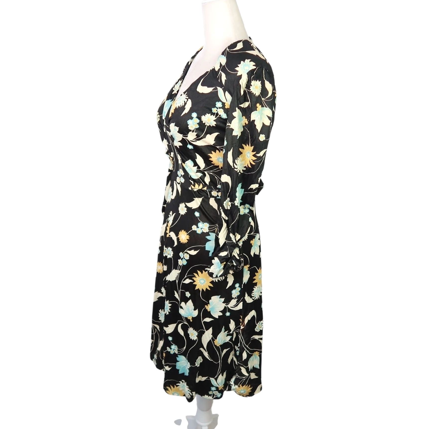 Vintage VINTAGE Plain Jane Dress A-Line Knee Length Floral Black Yellow S Womens 70s Bohemian V-Neck Long Sleeve Size S / US 4 / IT 40 - 3 Thumbnail
