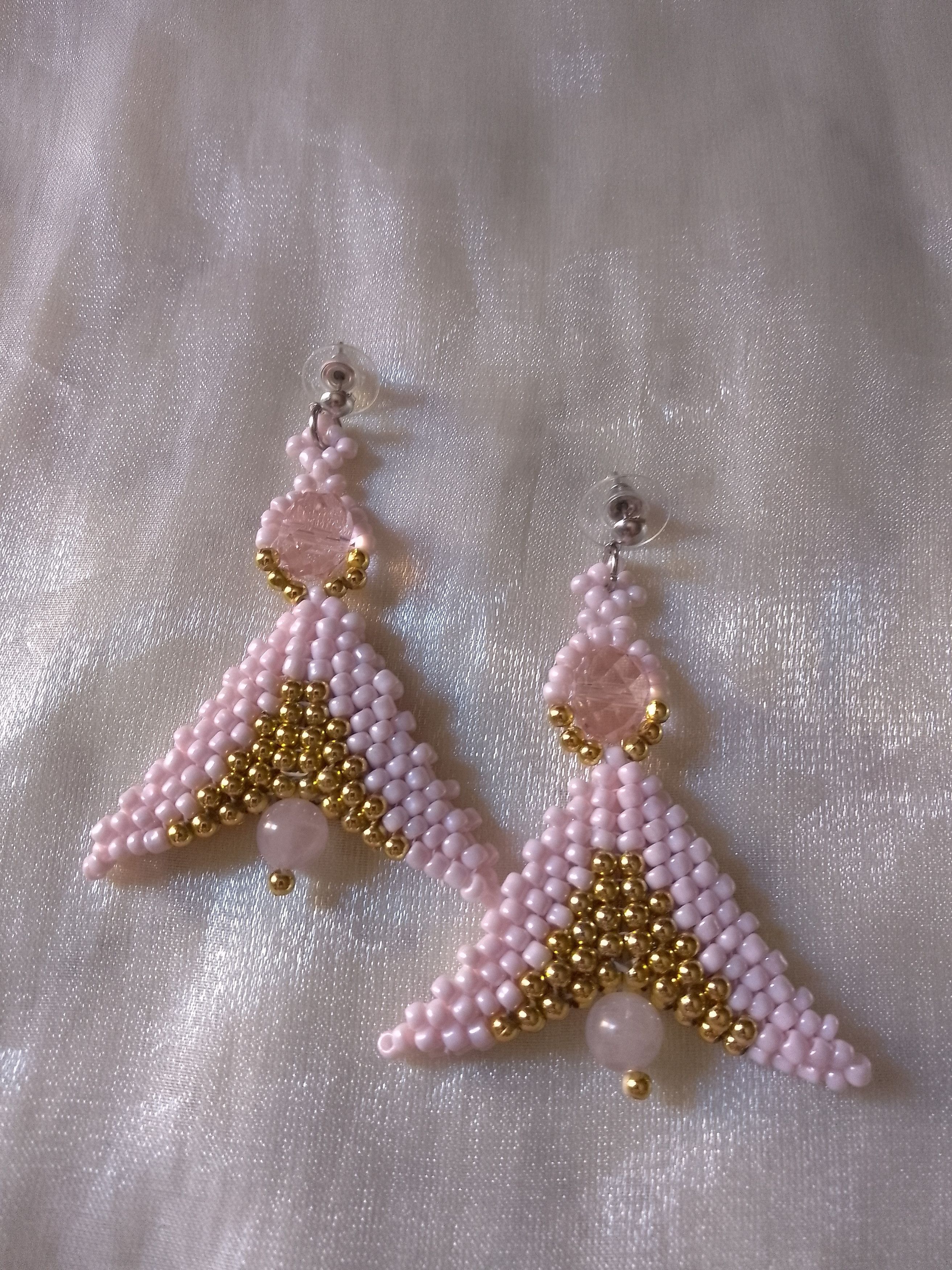 Handmade Earrings Rose Quartz Gemstones Angel shape golden pink Size ONE SIZE - 1 Thumbnail