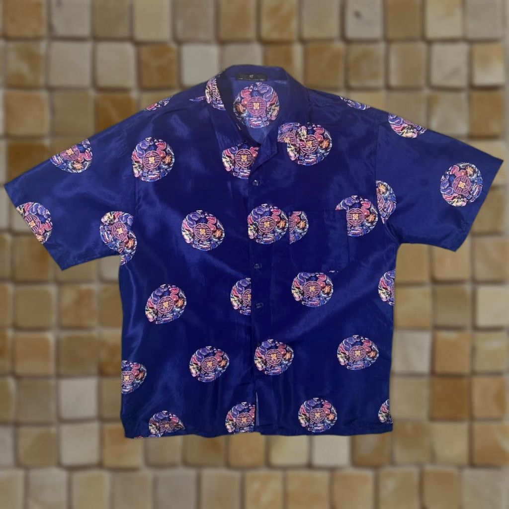 Vintage Dian Dian Tong Dragon Gothic Patterned Blue Short Sleeve Shirt XXL Men Size US XXL / EU 58 / 5 - 1 Thumbnail