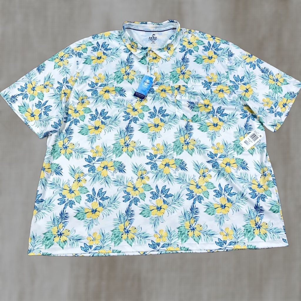 Izod VINTAGE IZOD Saltwater Polo Shirt Men 4XB White Green Floral Performance Hula Golf Camp Size US XXL / EU 58 / 5 - 1 Thumbnail