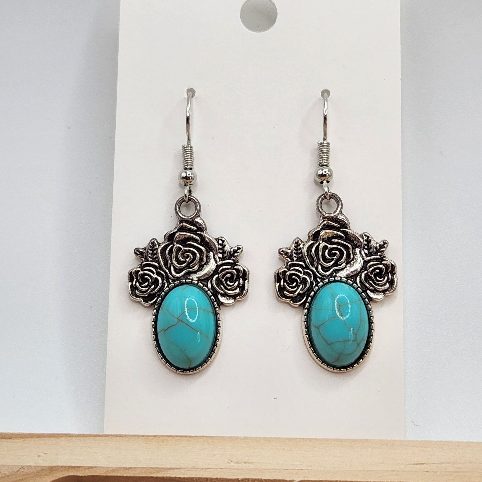 Other Turquoise Stone Rose Dangle Earrings Silver Tone Floral Boho Size ONE SIZE - 2 Thumbnail