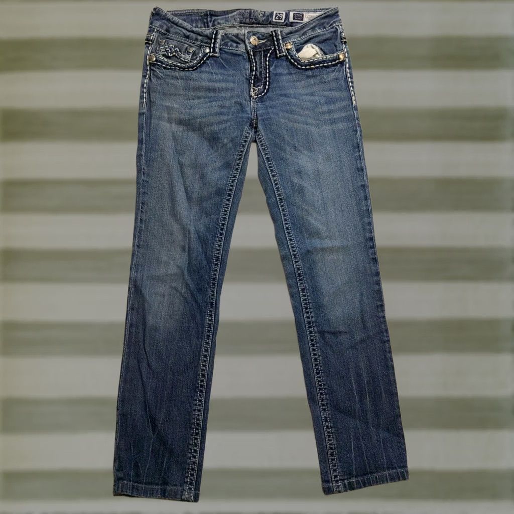 Miss Me Miss Me Signature Sunny Skinny Jeans Womens Blue 29x27 Denim Embroidered Rhinestone Medium Wash 5-Pocket Distressed Low Rise Regular Fit Pants Size 29" - 1 Thumbnail