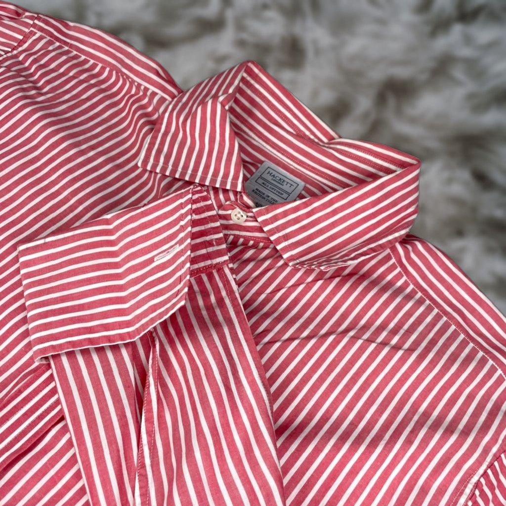 Hackett London Men’s Dress Shirt 100% Cotton Red Stripe Button-Up Casual 16.5 42 Button-Front Spread Collar Cuff