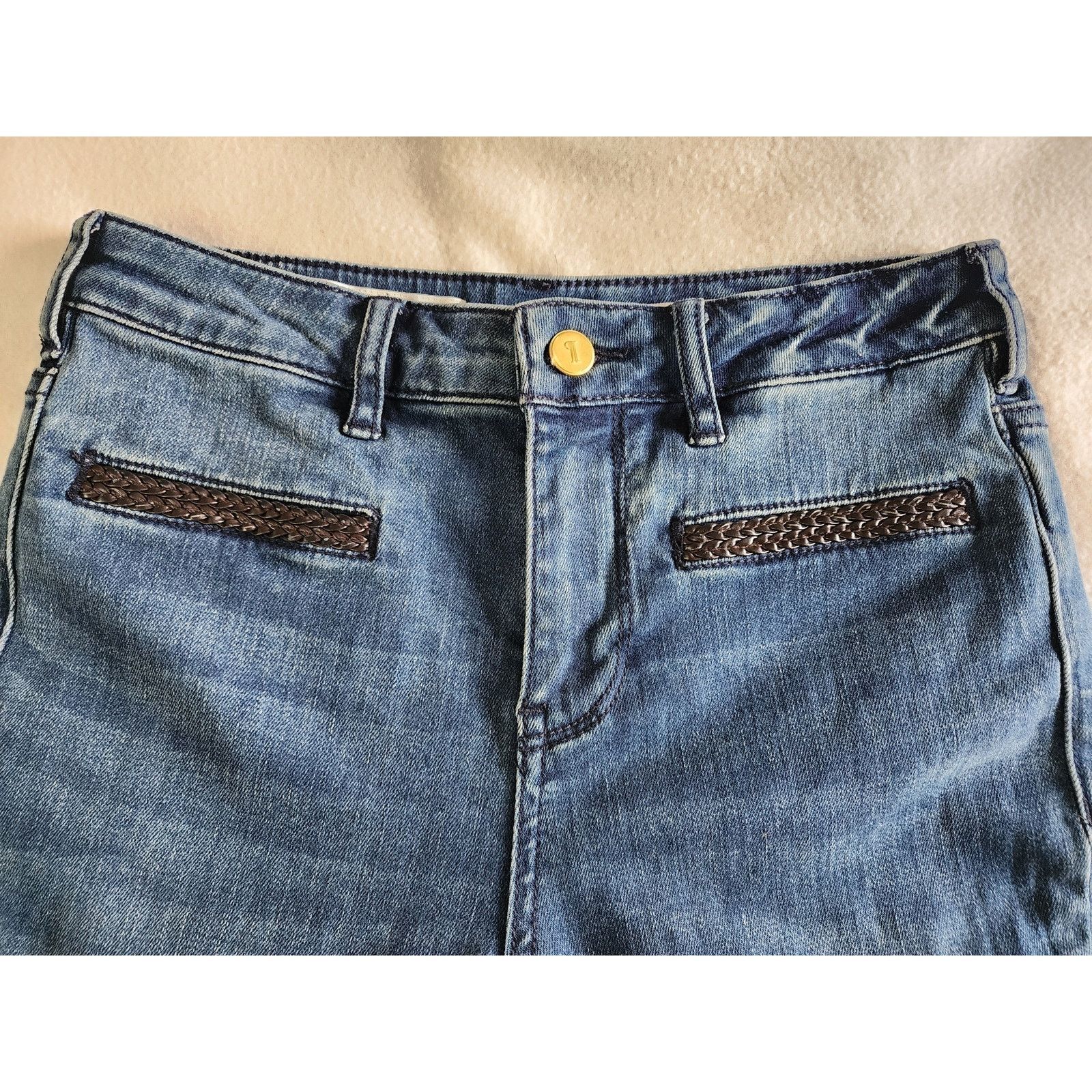 Anthropologie Pilcro Stet Braided Leather Flare Retro Boho Jeans Size 25 Size 25" / US 0 / IT 36 - 4 Thumbnail