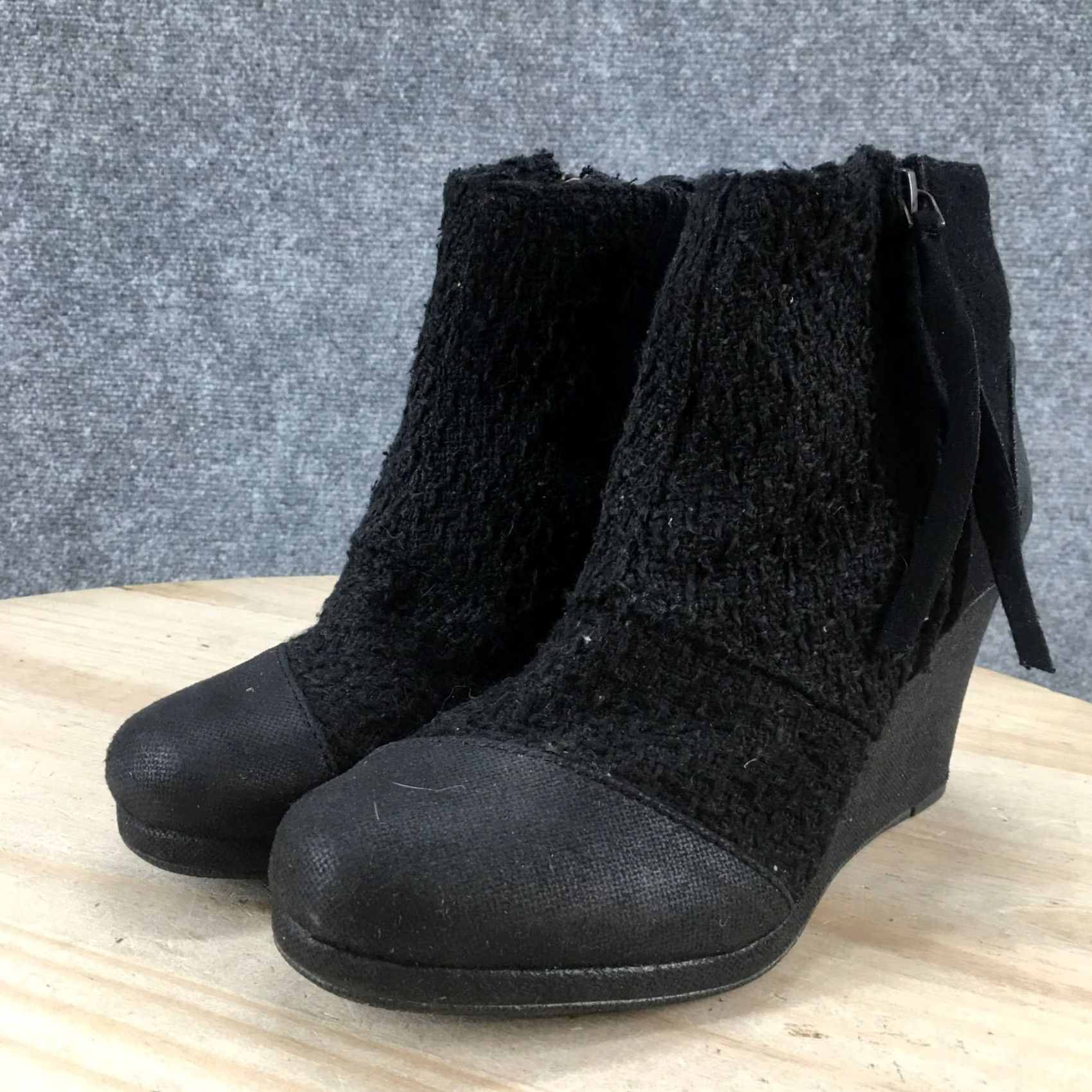 Toms TOMS Boots Womens 6.5 Avery Ankle Booties Black Wedge Tasseled Zip Round Toe Size US 7 / IT 37 - 4 Thumbnail