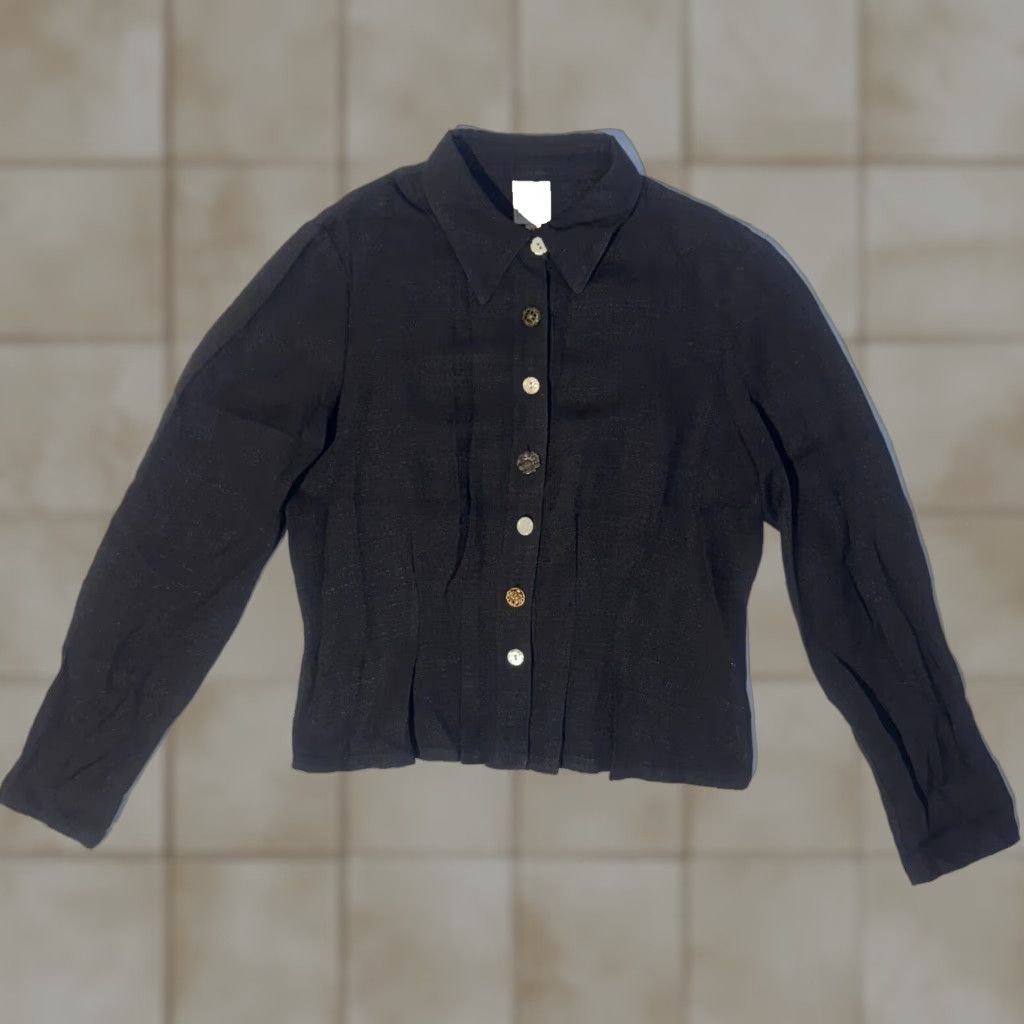 Vintage FL Malik Button-Up Shirt Black Long Sleeve Knit Cotton M Womens Casual Shirt - Pleated Embroidered Button-Up Size M / US 6-8 / IT 42-44 - 1 Thumbnail