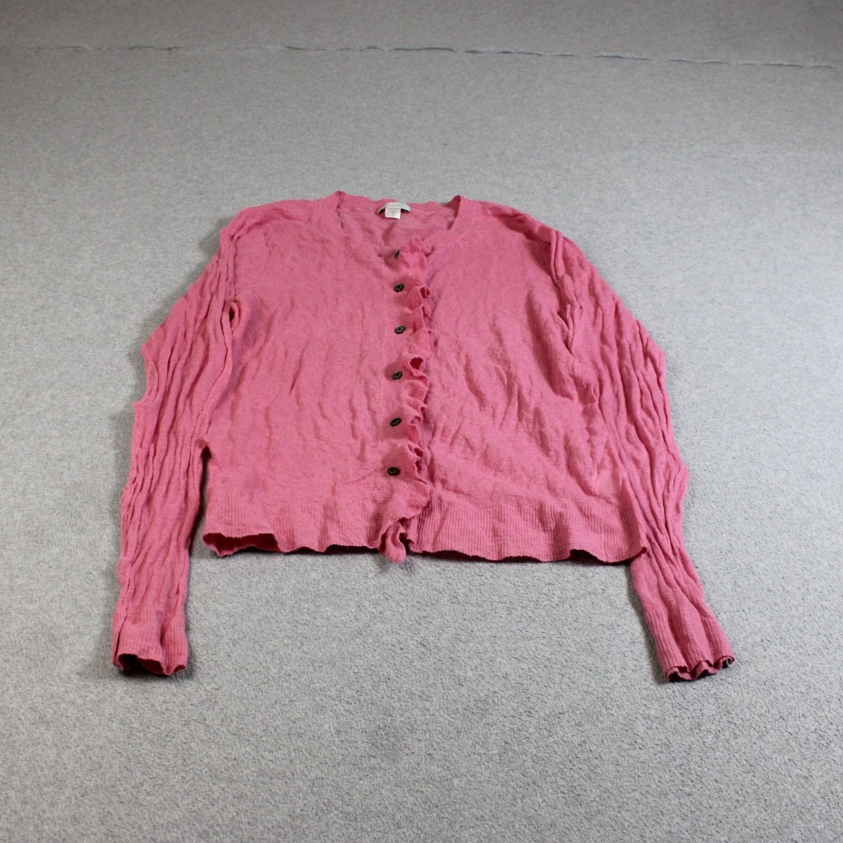 Vintage Garnet Hill Cardigan Women L Pink Lightweight Knit Button-Front V-Neck Ruffle Sleeve Casual Spring Size L / US 10 / IT 46 - 2 Thumbnail