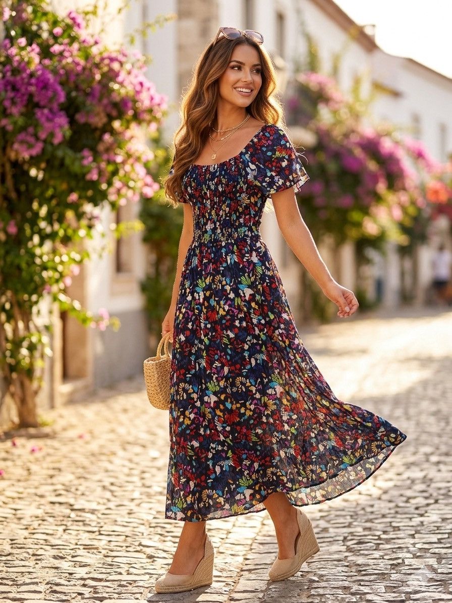 Tanya Taylor TANYA TAYLOR 100% Silk Floral Midi Dress S Smocked Waist Size S / US 4 / IT 40 - 1 Thumbnail