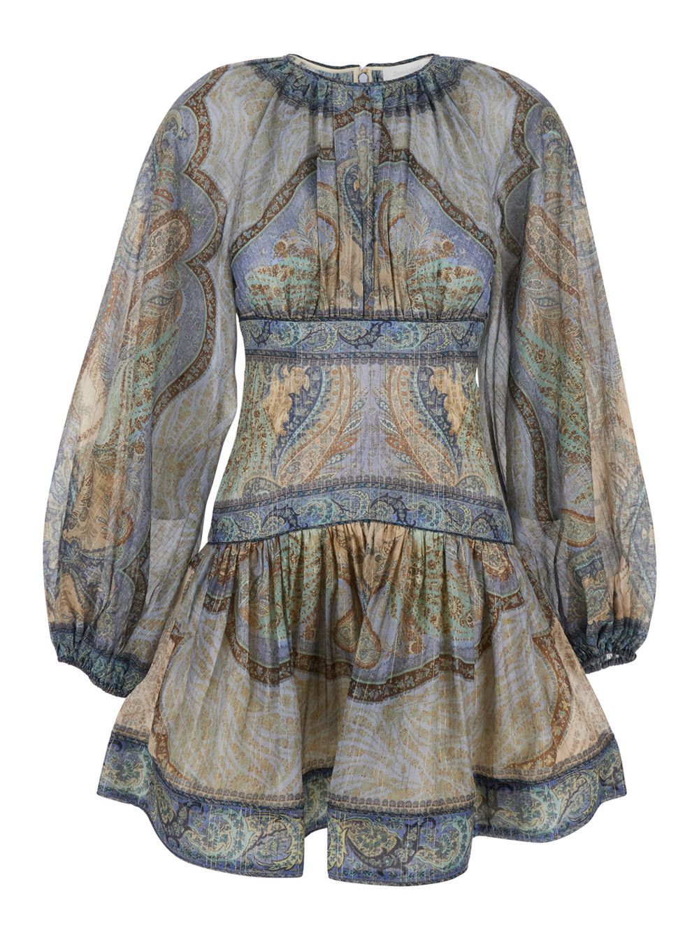 Zimmermann Dress Mini 'Wanderlust' Crew Neck with Long Balloon Sleeves and All-Over Print in Cotton and Silk Blend Multicolor Women Size L / US 10 / IT 46 - 1 Thumbnail