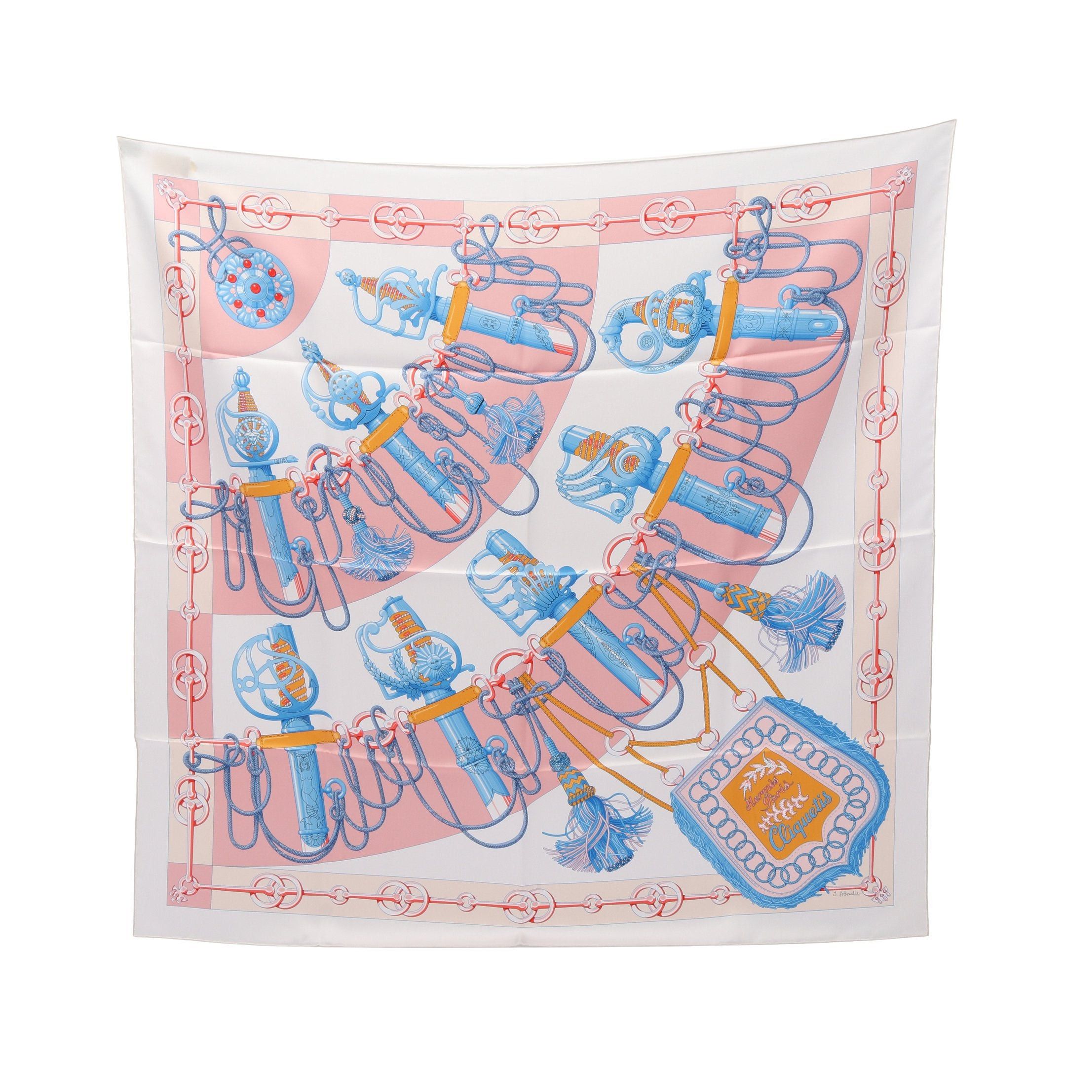 Hermes Hermes Carres 90 Cliquetis Scarf Silk Off White Pink Multicolor Size ONE SIZE - 1 Thumbnail