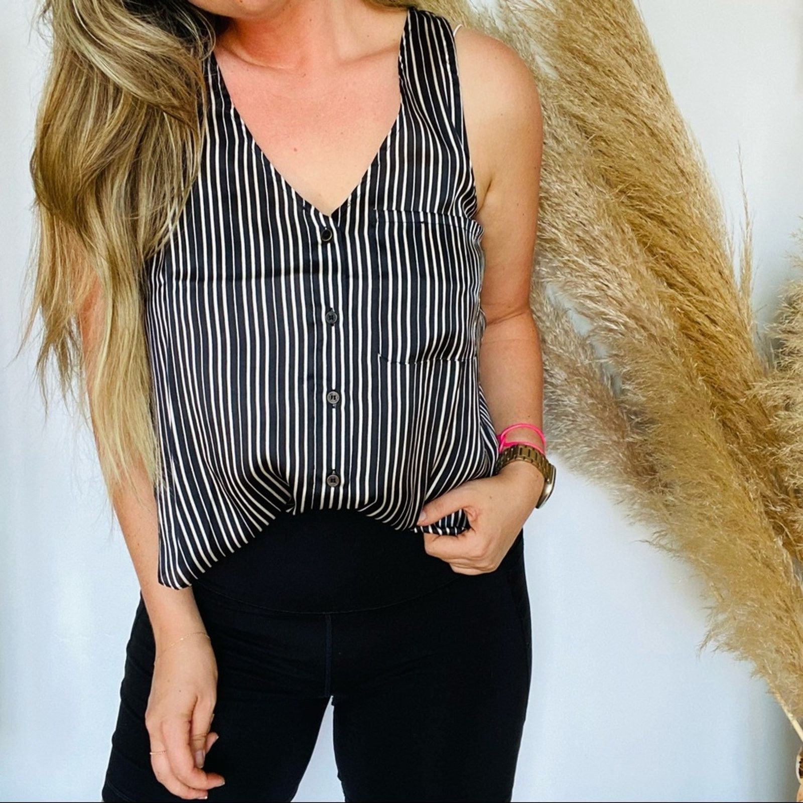 Nordstrom Black White Striped Tulip Open Back Tank Top Silky Blouse Size M / US 6-8 / IT 42-44 - 3 Thumbnail
