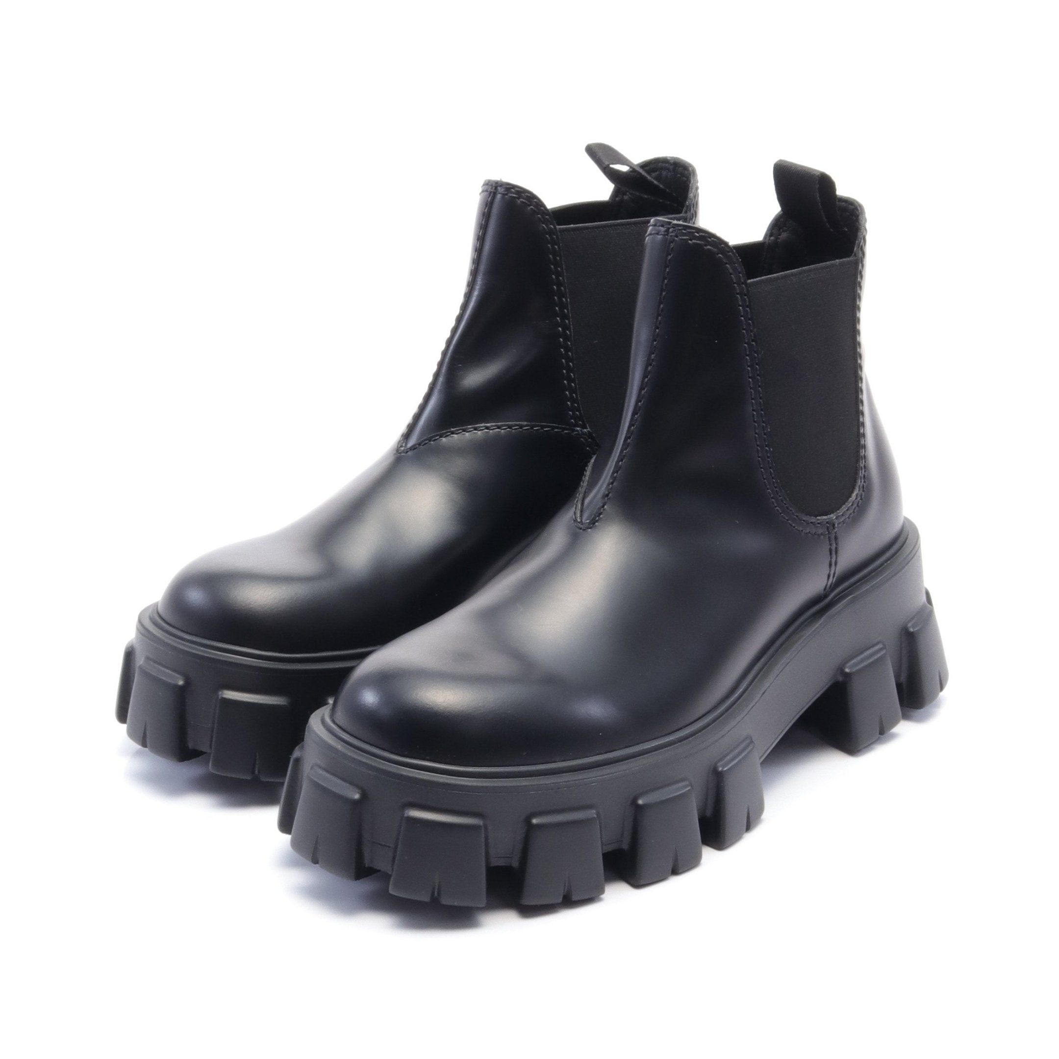 image of Prada Monolith Brushed Leather Chelsea Boots Side Gore Boots Leather Black, Women's