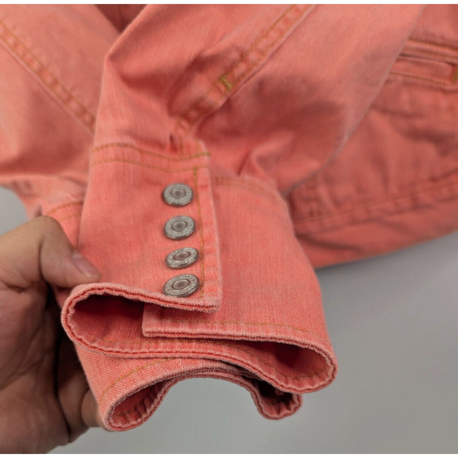 Gap VINTAGE Gap Peach Orange Denim Collarless Jacket Snap Cuffs Sz Small Stretch Rockabilly Size S / US 4 / IT 40 - 3 Thumbnail