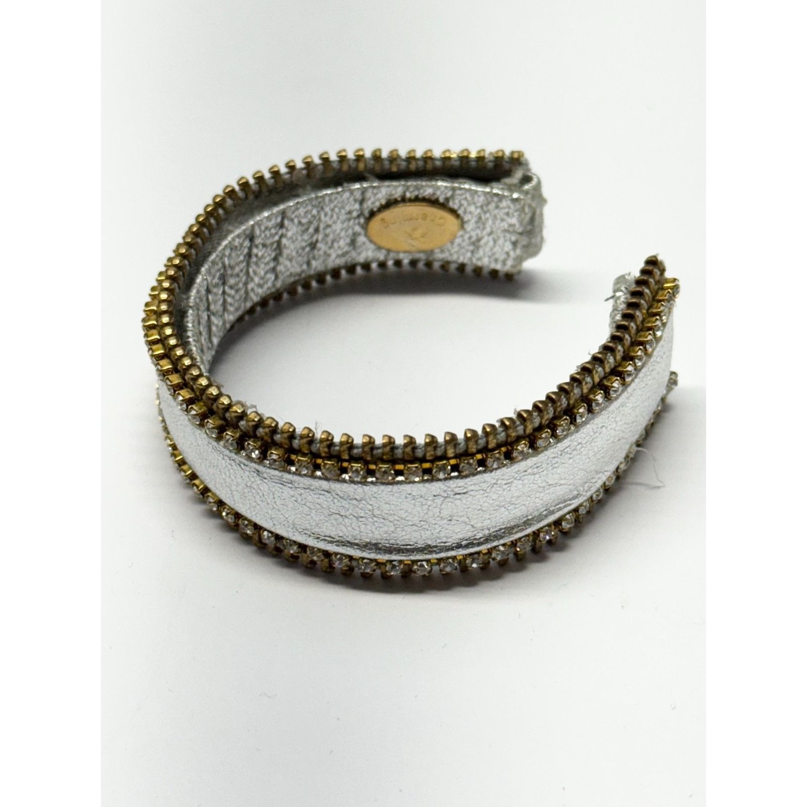 Vintage Vintage silver leather zipper rhinestone cuff bracelet Size ONE SIZE - 2 Thumbnail