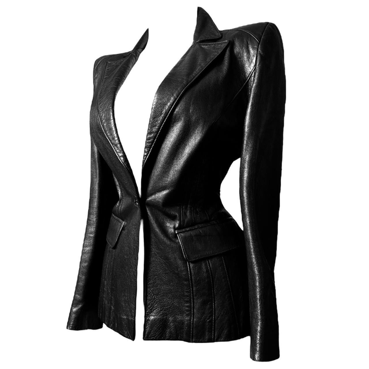 Vintage Iconic leather fitted jacket with big shoulders Size M / US 6-8 / IT 42-44 - 2 Thumbnail