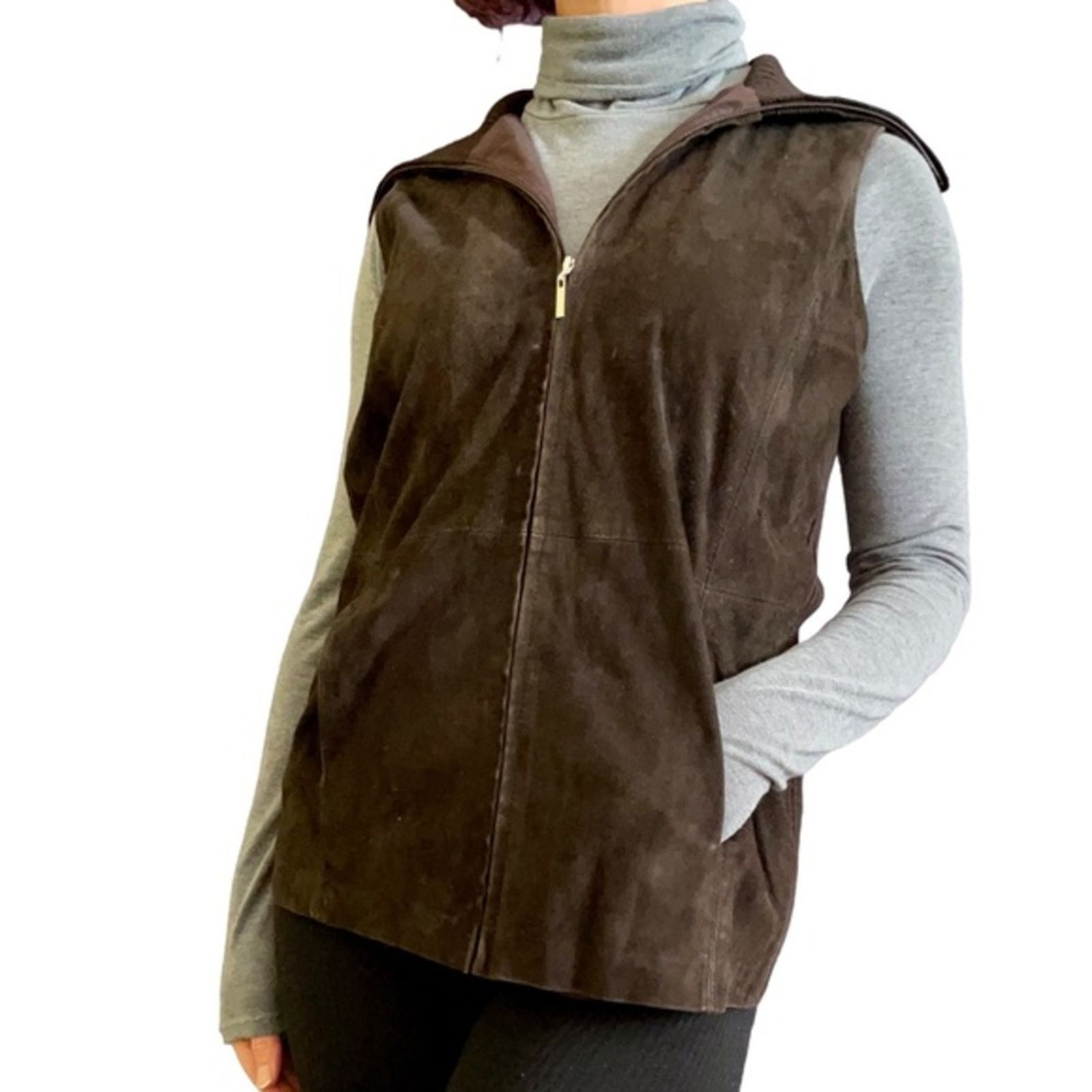Saks Fifth Avenue × Vintage Saks Fifth Avenue Brown Suede Merino Wool Sweater Vest Size S / US 4 / IT 40 - 1 Thumbnail