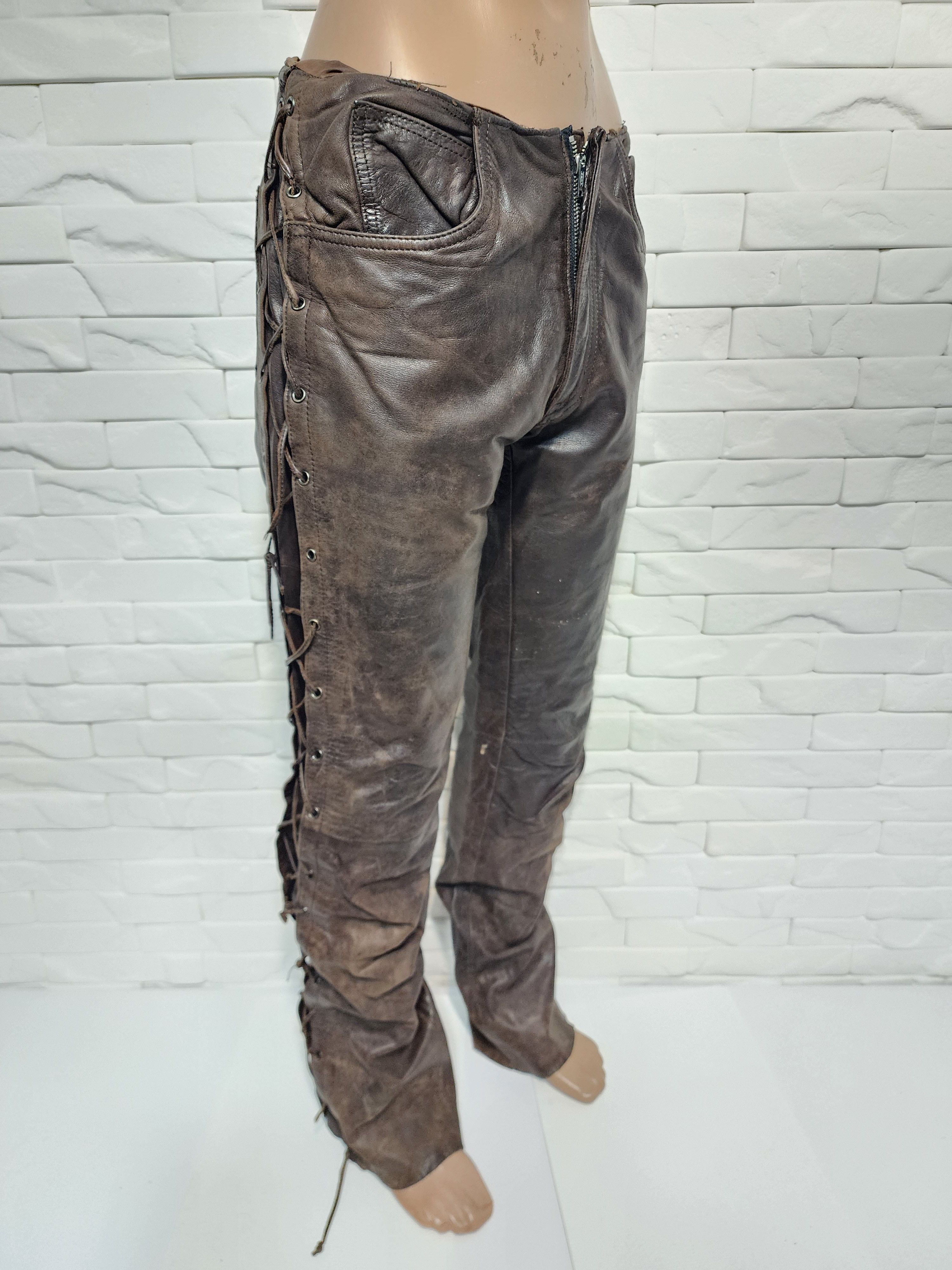 Genuine Leather Brown Leather Motorcycle Pants with Lacing Size US 28 / EU 44 - 3 Thumbnail