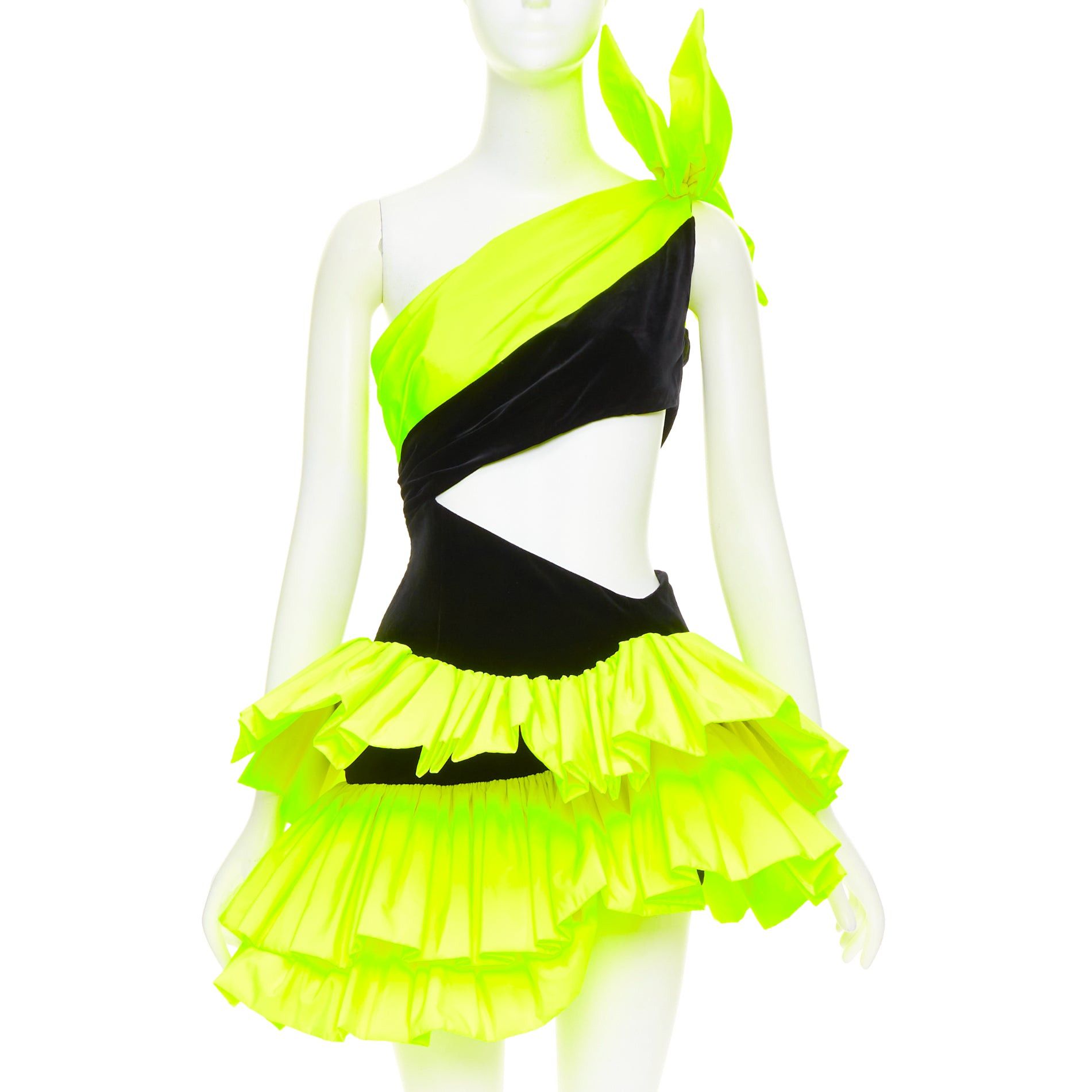 Alexandre Vauthier rare ALEXANDRE VAUTHIER SS2023 Runway neon yellow black velvet cut out ruffle dress Size S / US 4 / IT 40 - 1 Thumbnail