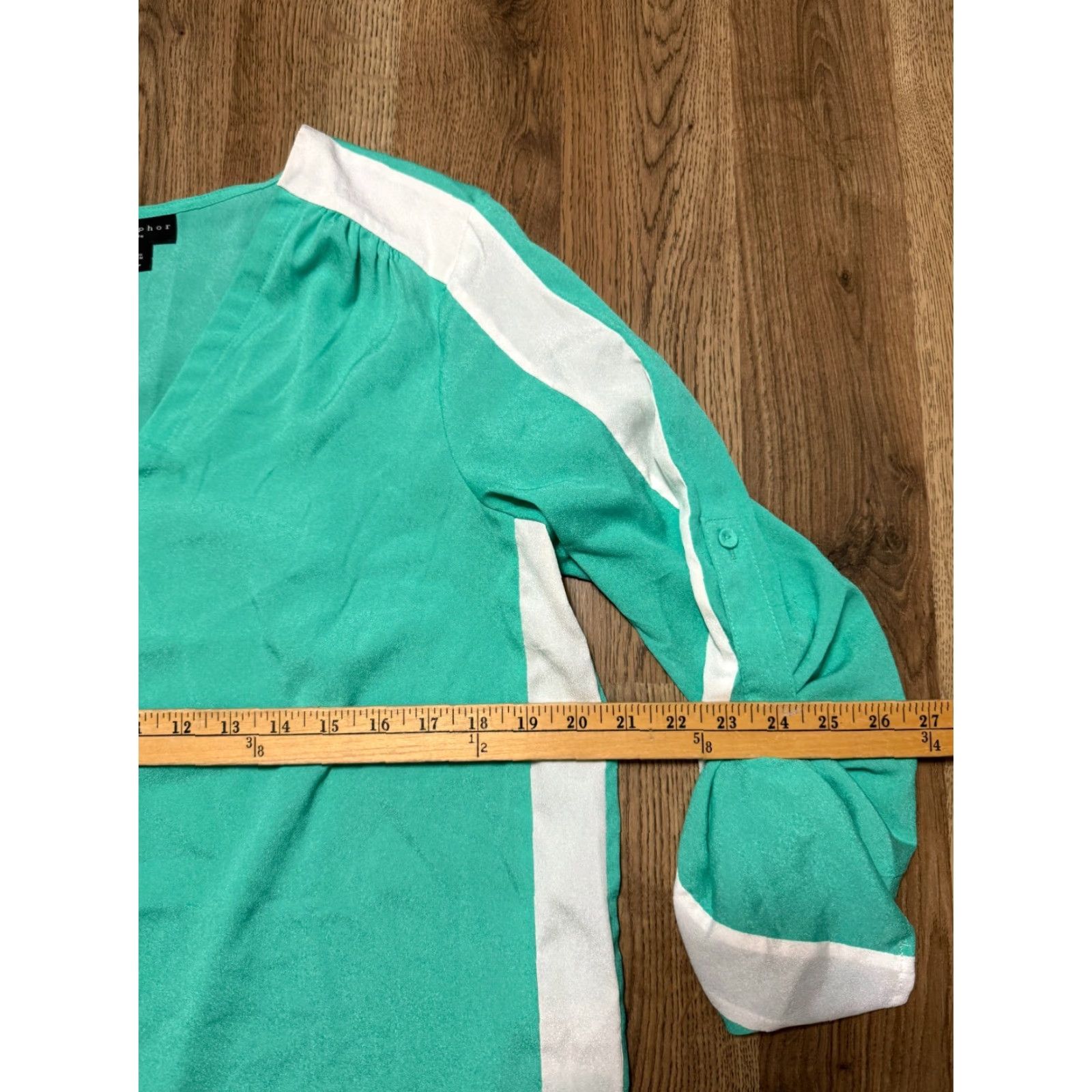 Vintage Metaphor Blouse Women's XL Petite Green White V-neck Long Sleeve Shirt Ladies Regular Fit - Modern Basic Casual - Womens Size XL / US 12-14 / IT 48-50 - 6 Thumbnail