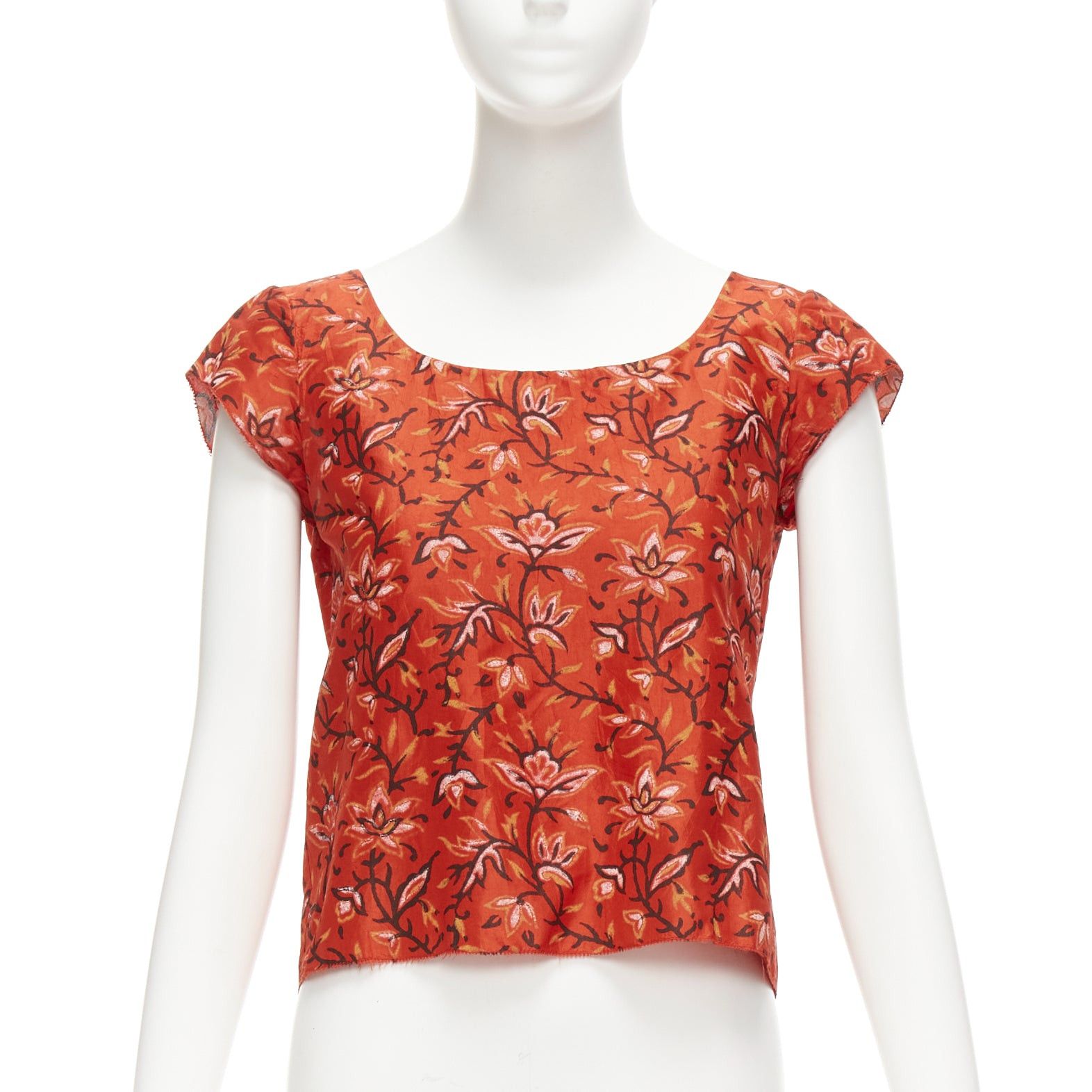 image of Oscar De La Renta 2010 100% Silk Red Floral Cap Sleeve Keyhole Back Top Us0 Xs, Women's