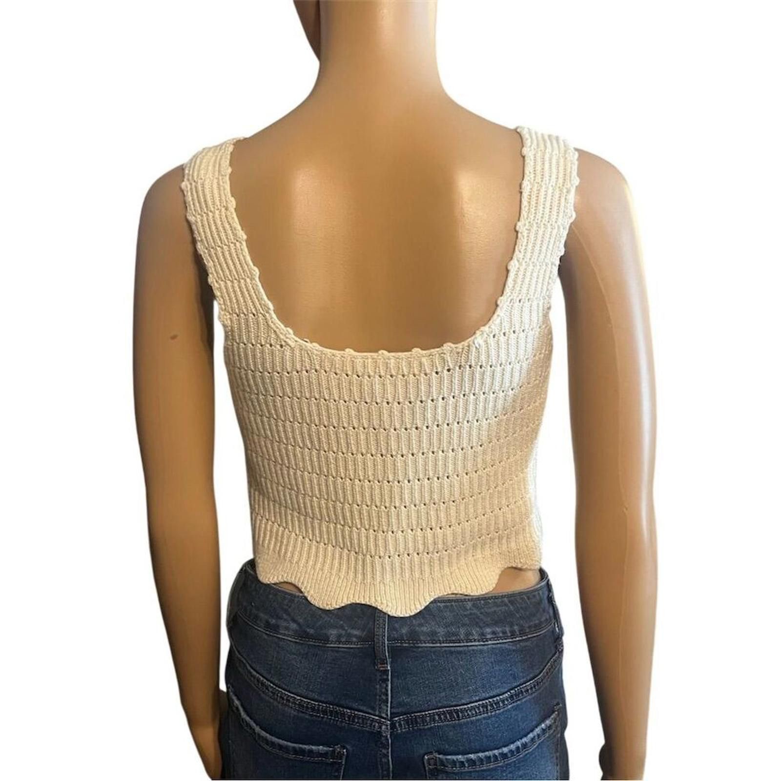 Poeme Bohemien Bohme Beige Crochet Crop Top Scallop Edge Square Neck S Size S / US 4 / IT 40 - 4 Thumbnail