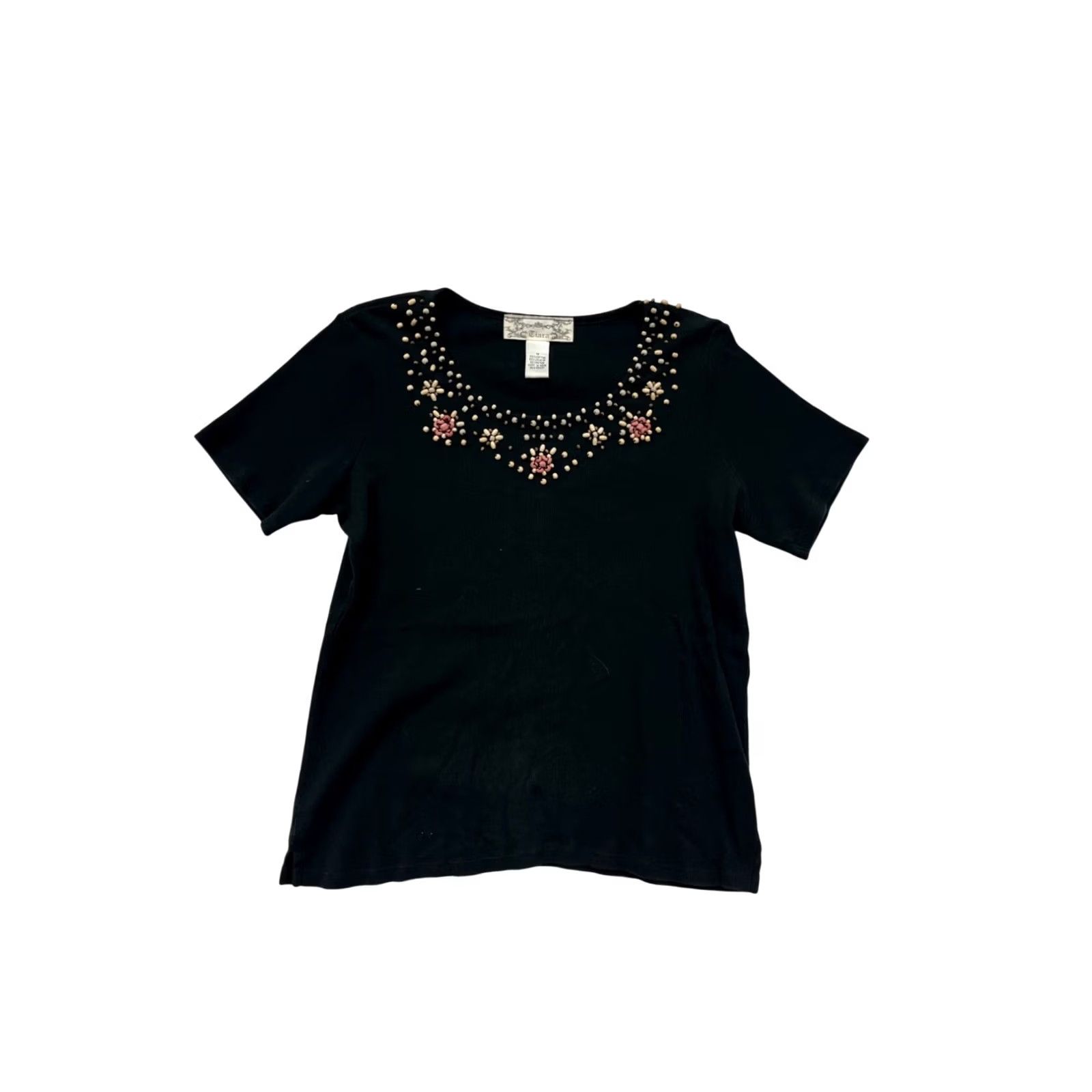 Vintage VINTAGE Tiara Black Embroidered Womens Top M Short Sleeve Shirt Womens M Black Beadwork Cotton Blouse Vintage/Tiara 90s? Size M / US 6-8 / IT 42-44 - 2 Thumbnail