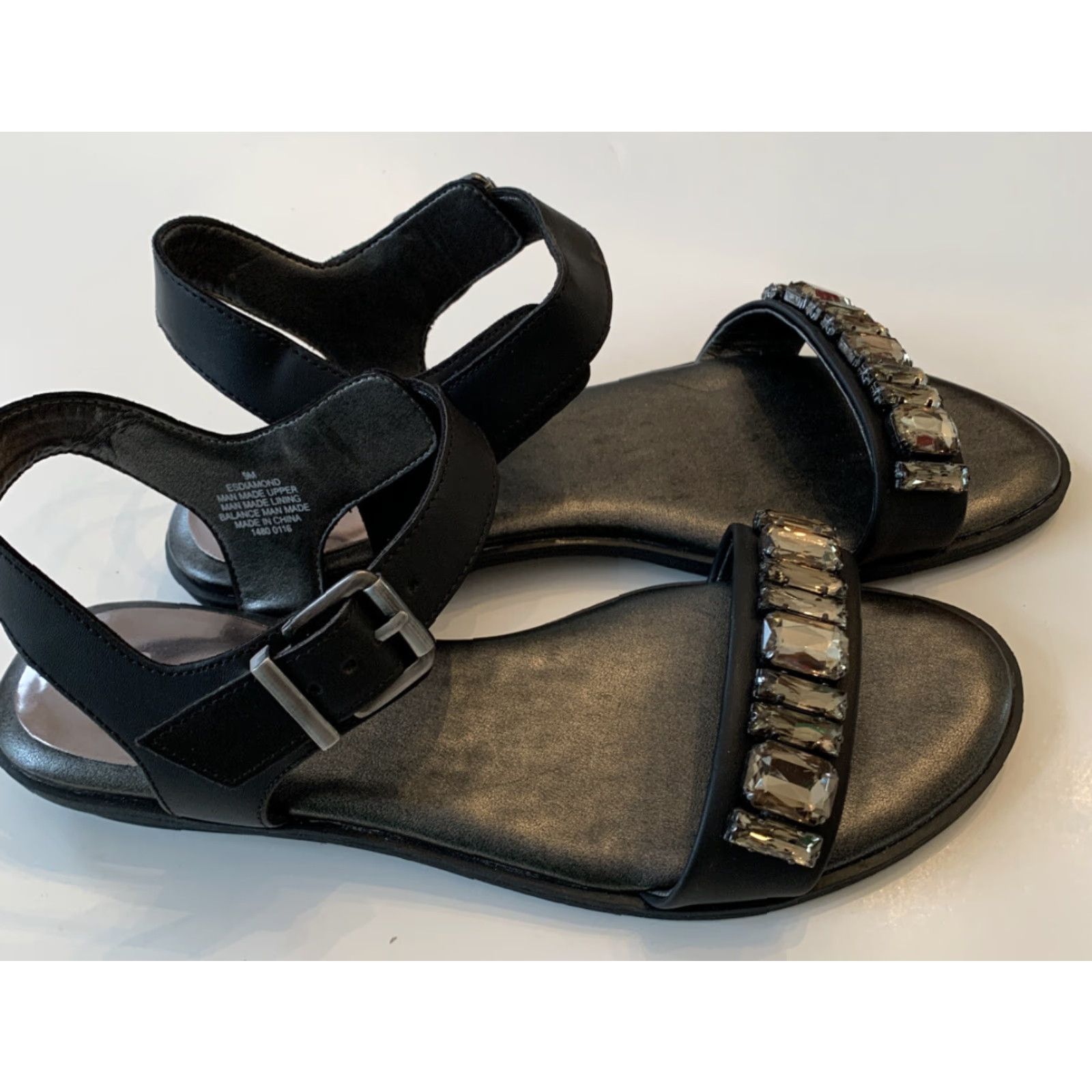 Vintage 9M E Collection Women's Sandals "ES Diamond" Black Faux Leather Bejeweled Flat Size US 9 / IT 39 - 4 Thumbnail