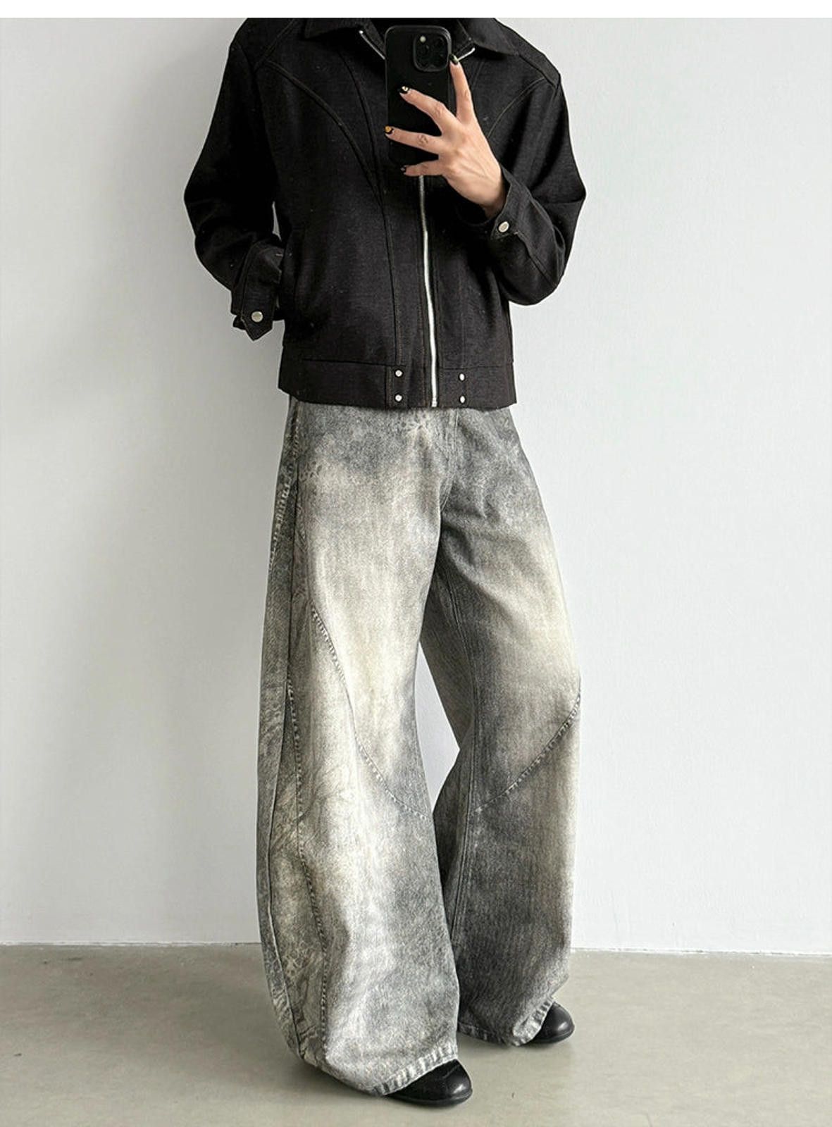 Vintage Grey Wide Leg Denim Jeans, 3D Printed Baggy Jeans Size US 30 / EU 46 - 3 Thumbnail