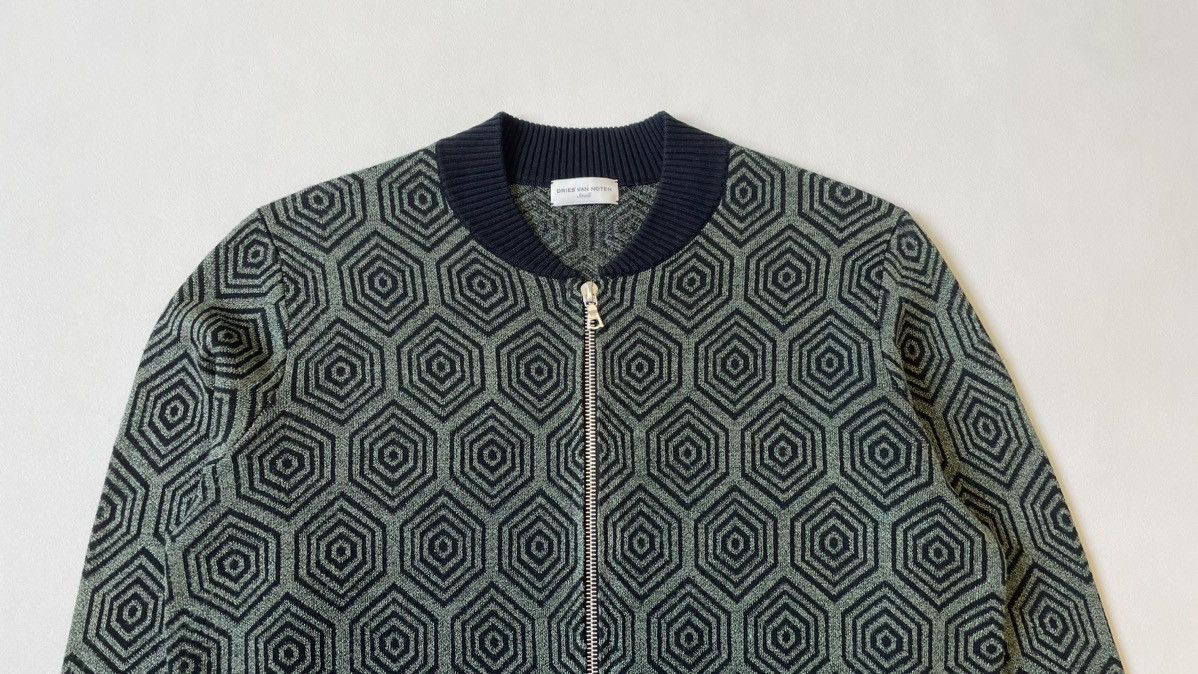 Dries Van Noten Metallic Green Geometric Patterned Zip Cardigan Size S / US 4 / IT 40 - 2 Thumbnail