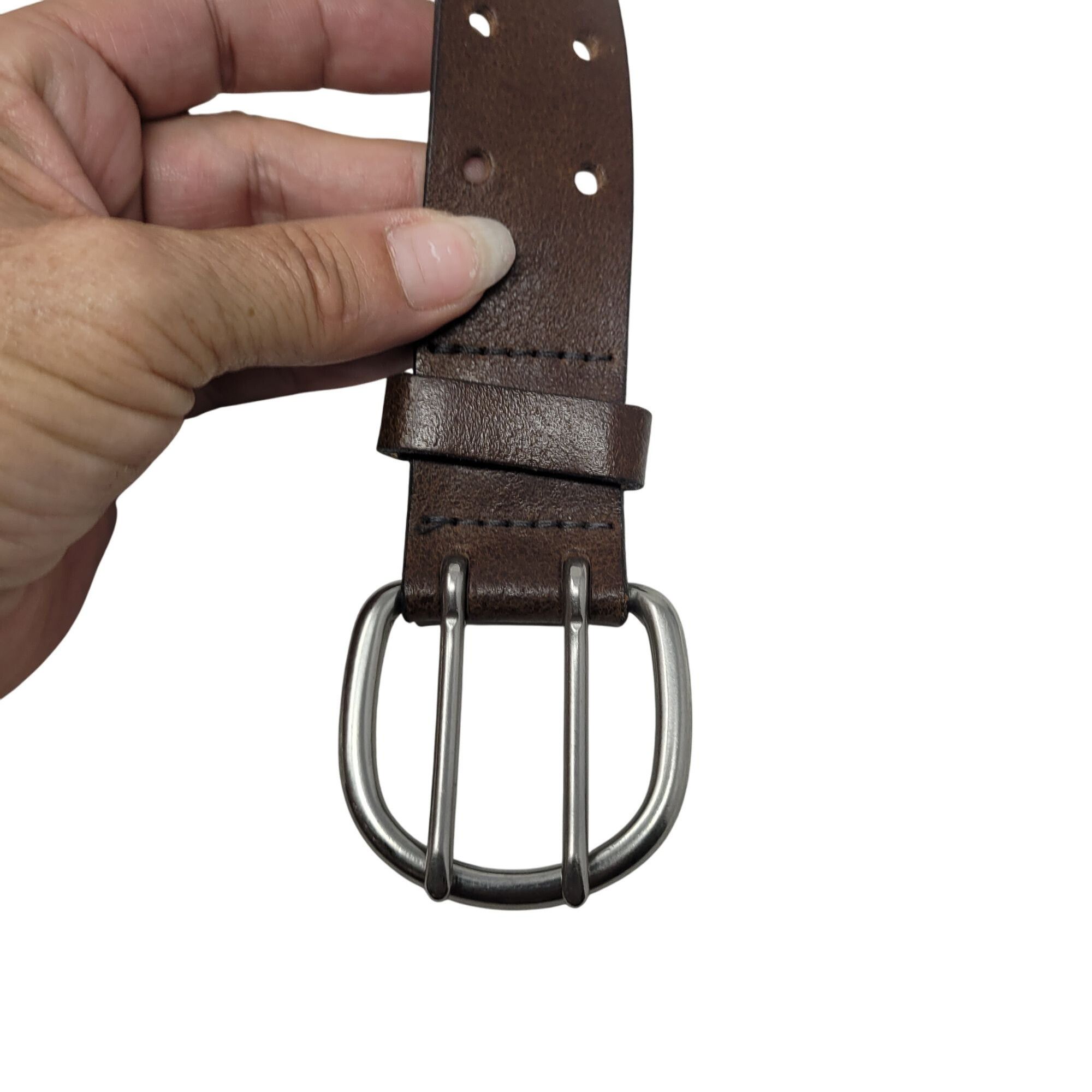 Vintage Mens Double Prong Genuine Italian Leather Brown Belt M/L 36" Size 36 - 2 Thumbnail