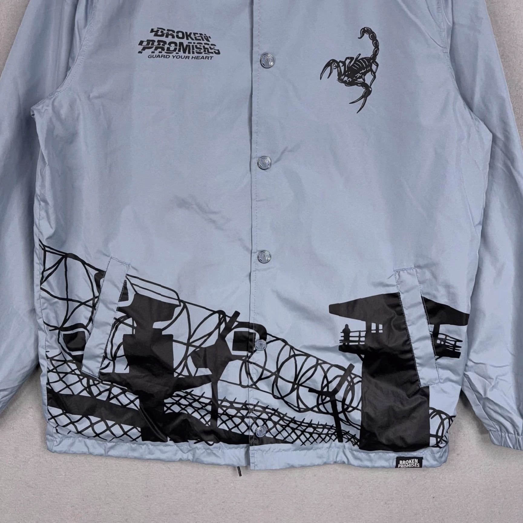 Broken Promises Co. VINTAGE Broken Promises Coach Jacket Mens M Gray Guard Your Heart Scorpion Graphic Windbreaker Snap Front Size US M / EU 48-50 / 2 - 3 Thumbnail