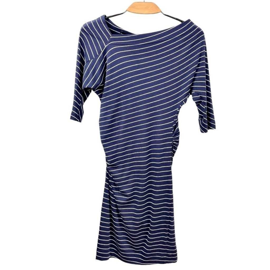 Club Monaco Club Monaco Navy Striped Asymmetric Ruched Midi Dress Size S Size S / US 4 / IT 40 - 3 Thumbnail