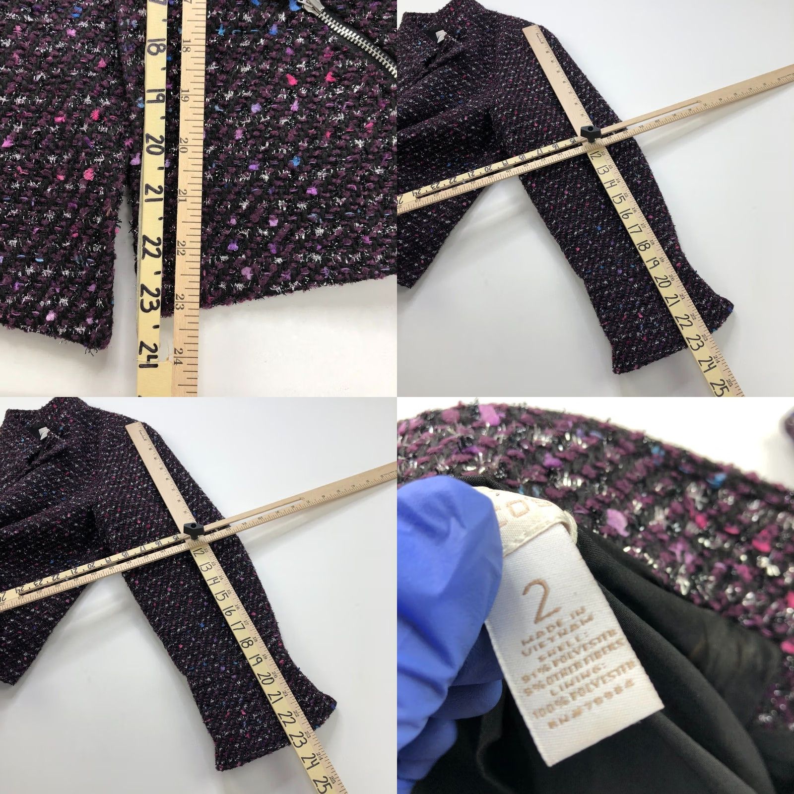 Vintage Chico's Purple Tweed Open Front Womens Jacket Blazer Style Wool Polyester Blend Mid-Length Button Closure Size XS / US 0-2 / IT 36-38 - 9 Thumbnail