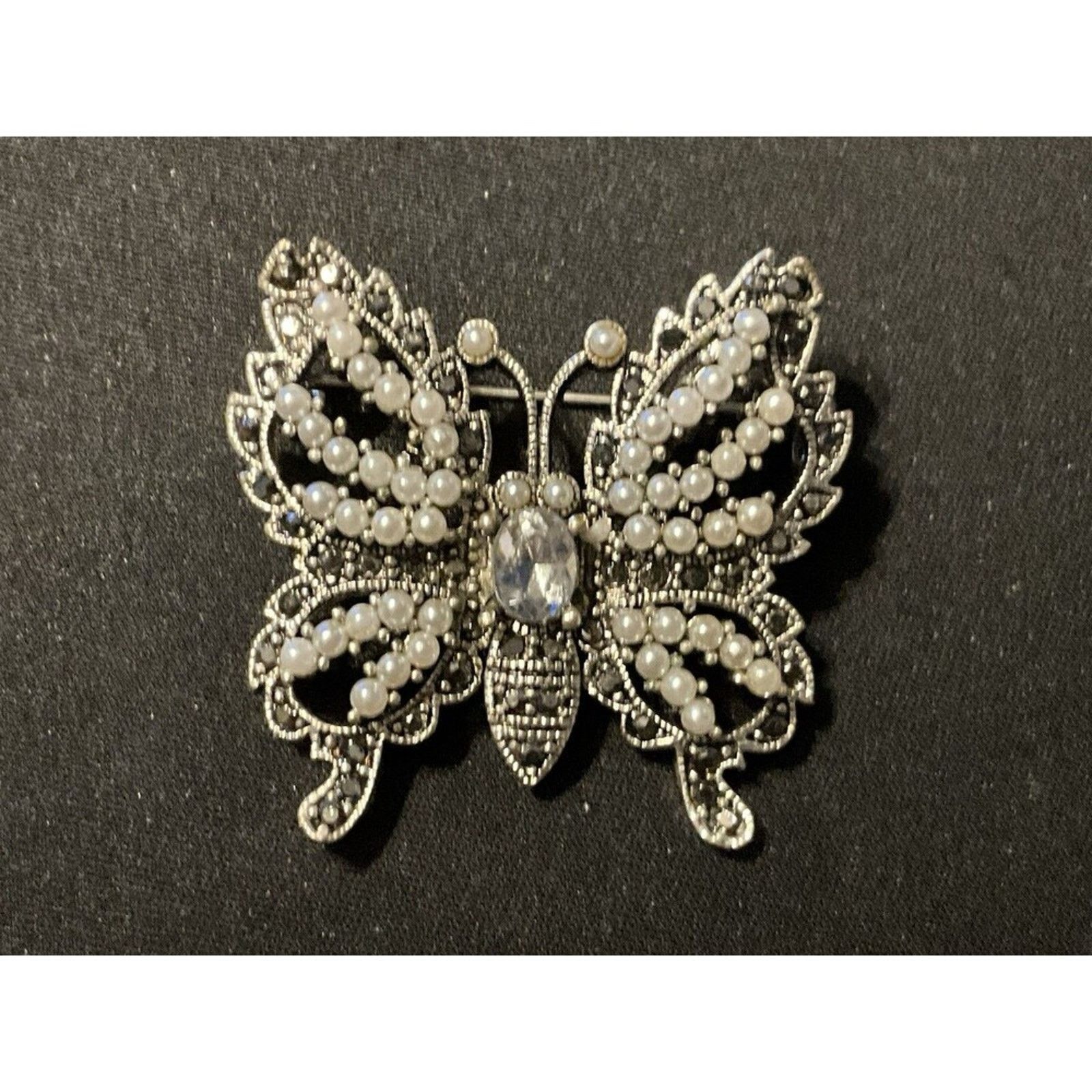 Other Faux Pearl, Marcasites & Rhinestone Silver Butterfly Brooch Size ONE SIZE - 2 Thumbnail