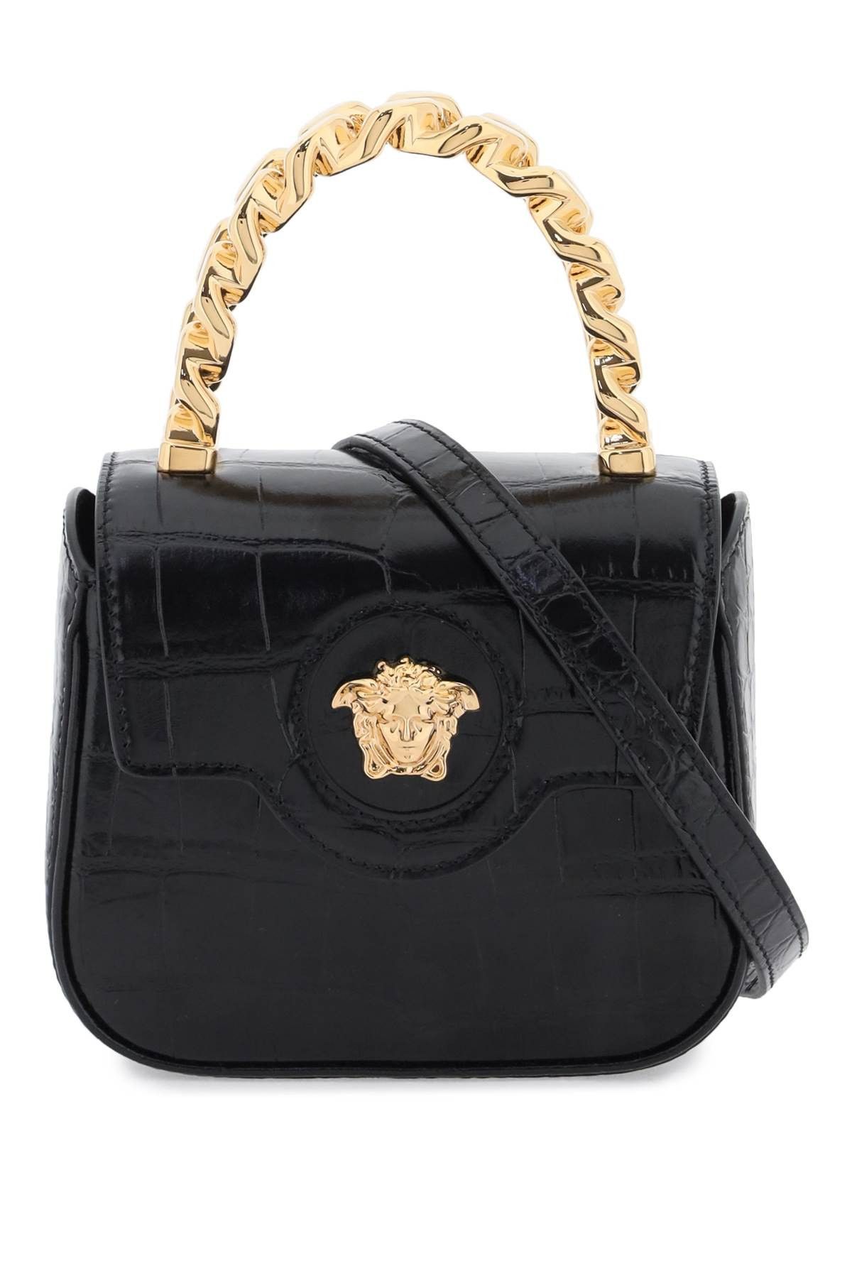 image of Versace Croco-Embossed Leather 'la Medusa' Mini Bag in Black Versace Gold, Women's