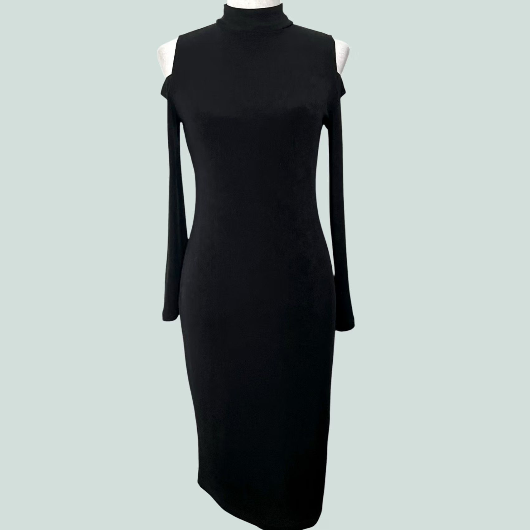 Vintage CHICO’S TRAVELERS Dress Black Slinky Knit Cold Shoulder Midi Womens S Small Illusion: 0 Size S / US 4 / IT 40 - 1 Thumbnail