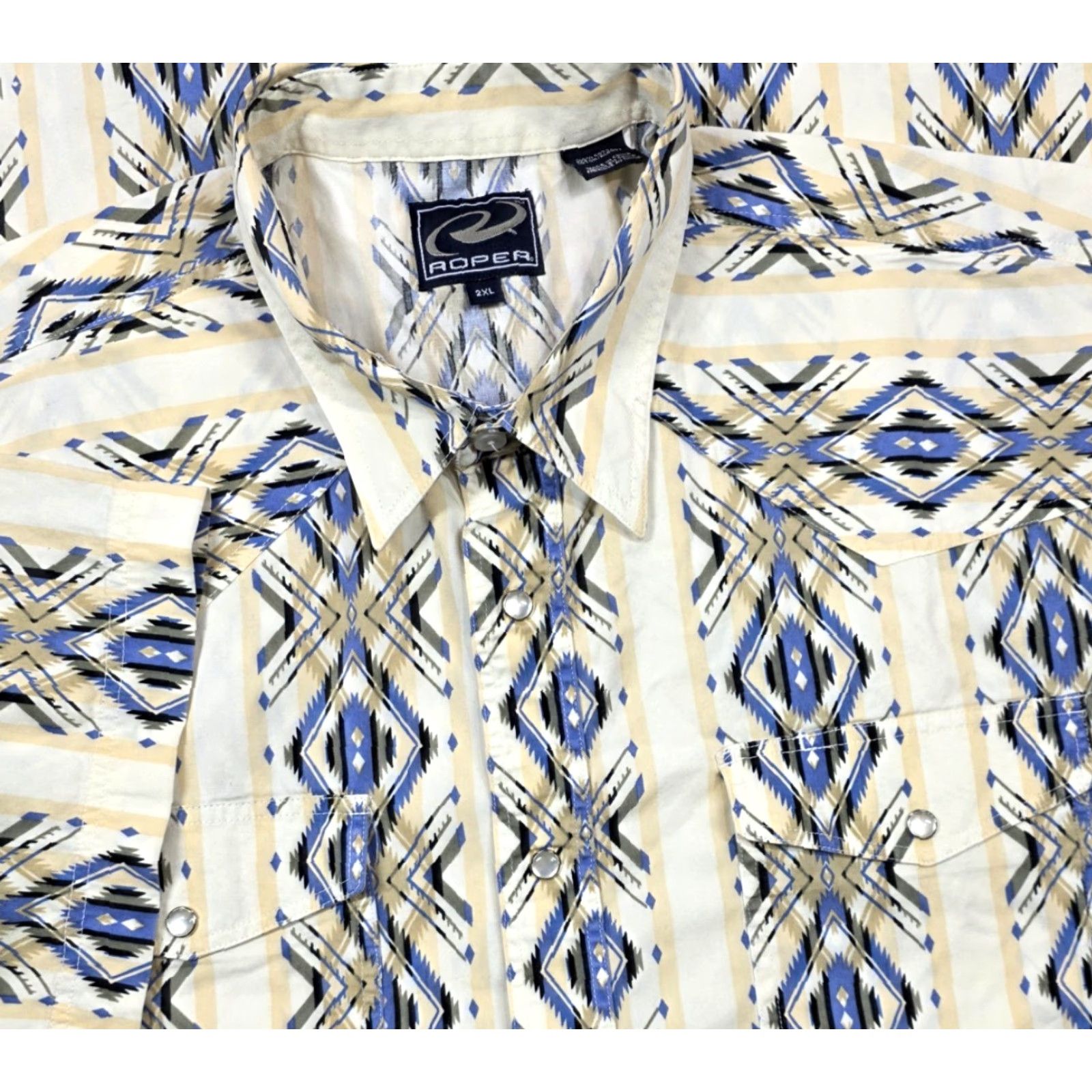 Roper Roper Western Shirt Mens 2XL Tan Blue Pearl Snap Southwestern Aztec Rodeo Ranch Shirt Mens 2XL Blue Geometric Cowboy Western Casual Workwear Mens Size US XXL / EU 58 / 5 - 2 Thumbnail