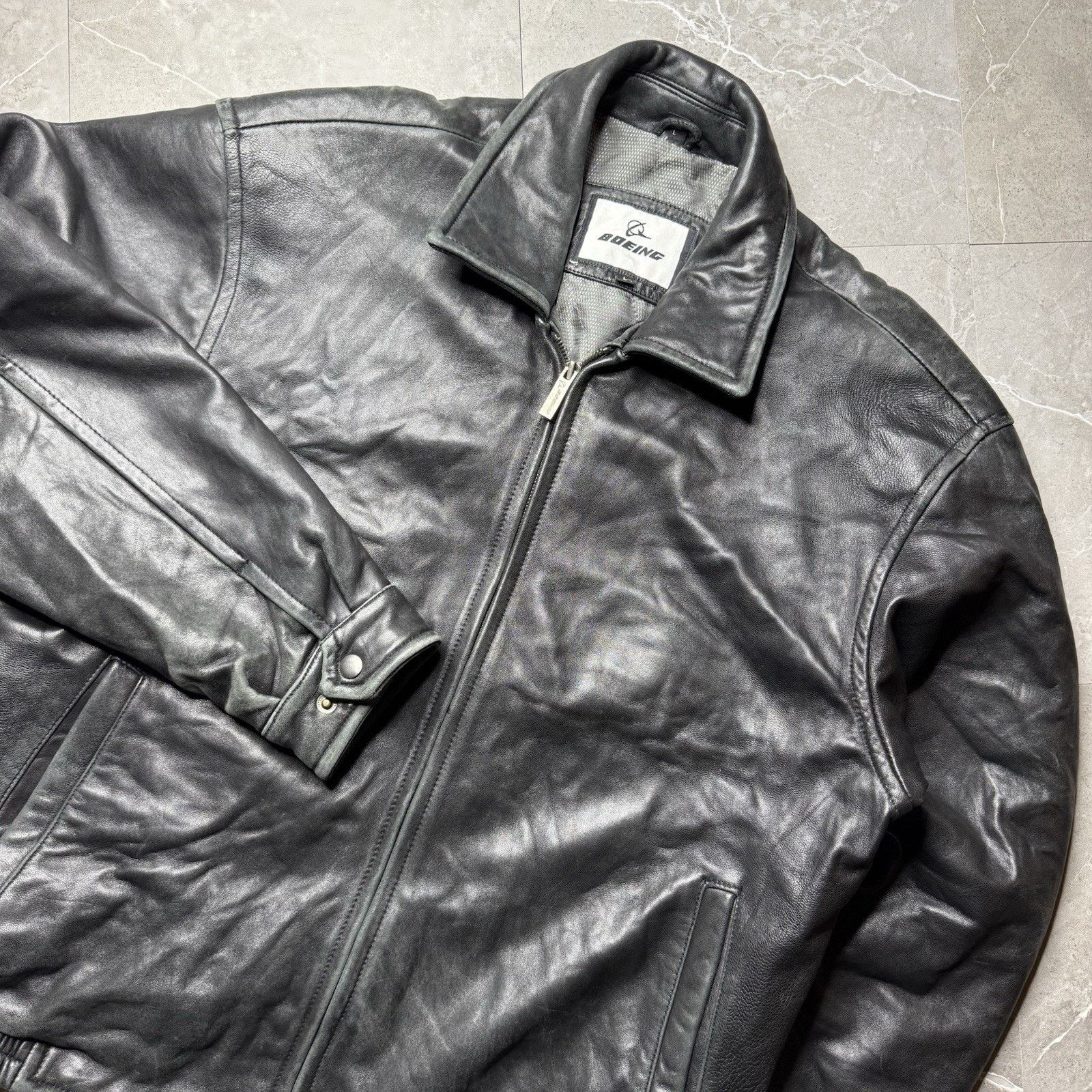 Vintage Boeing Leather Jacket Mens Large Black Bomber Flight