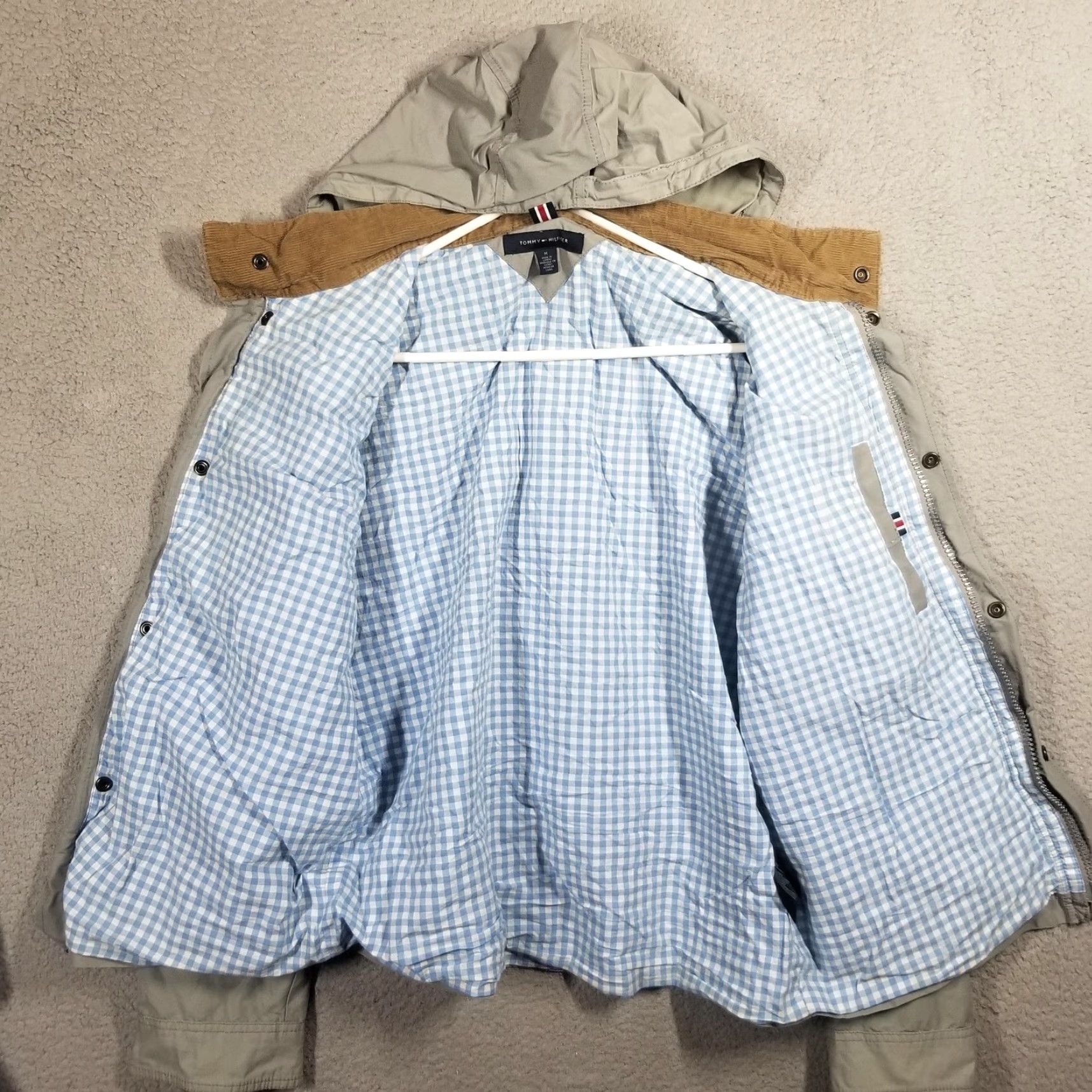 Tommy Hilfiger Tommy Hilfiger Jacket Mens Medium Gray Hooded Cotton Blend Parka Gingham Lined Size US M / EU 48-50 / 2 - 2 Thumbnail