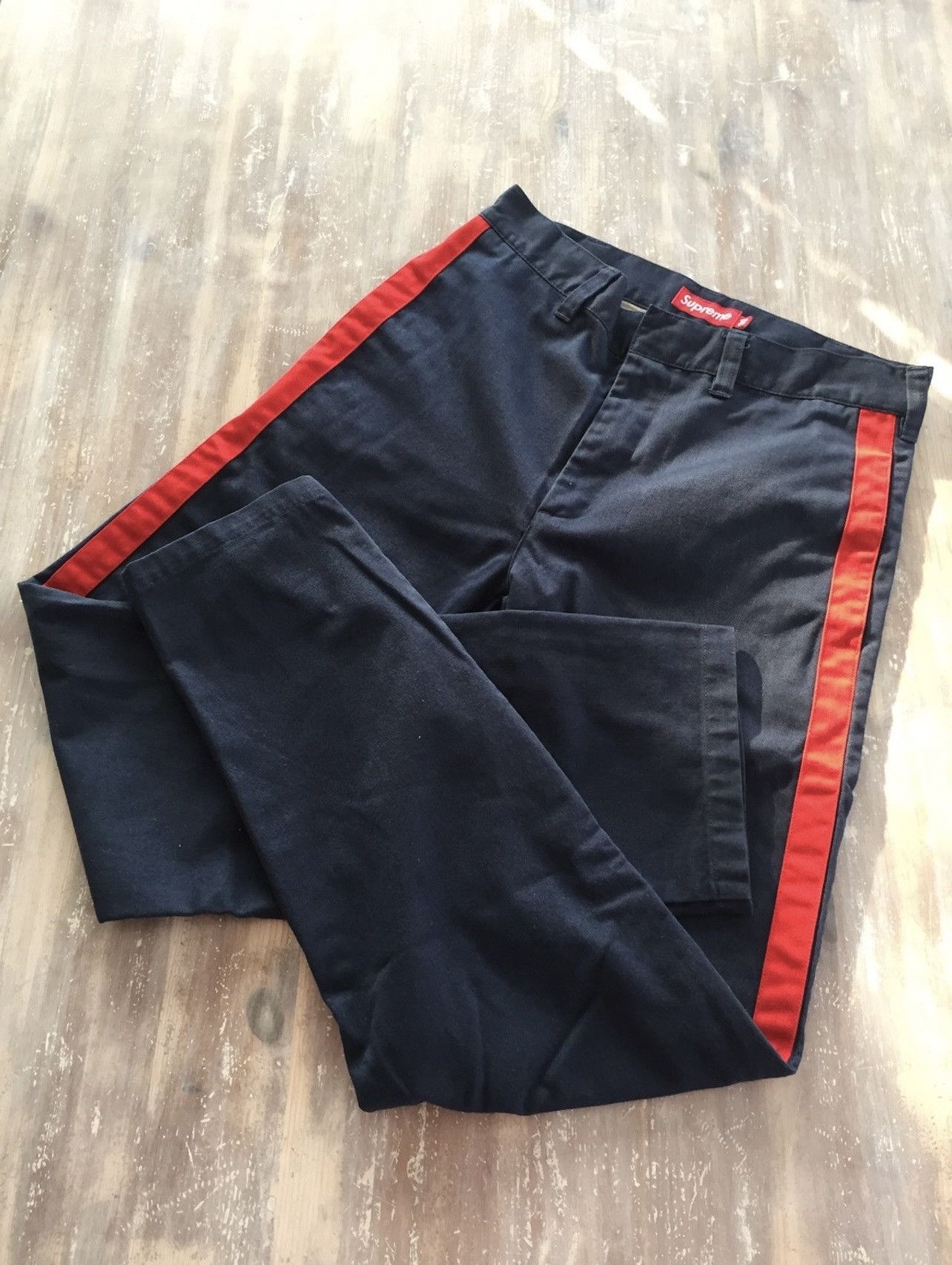 Image of Supreme 2013 Red Side Stripe Work Pants in Navy, Men's (Size 30)