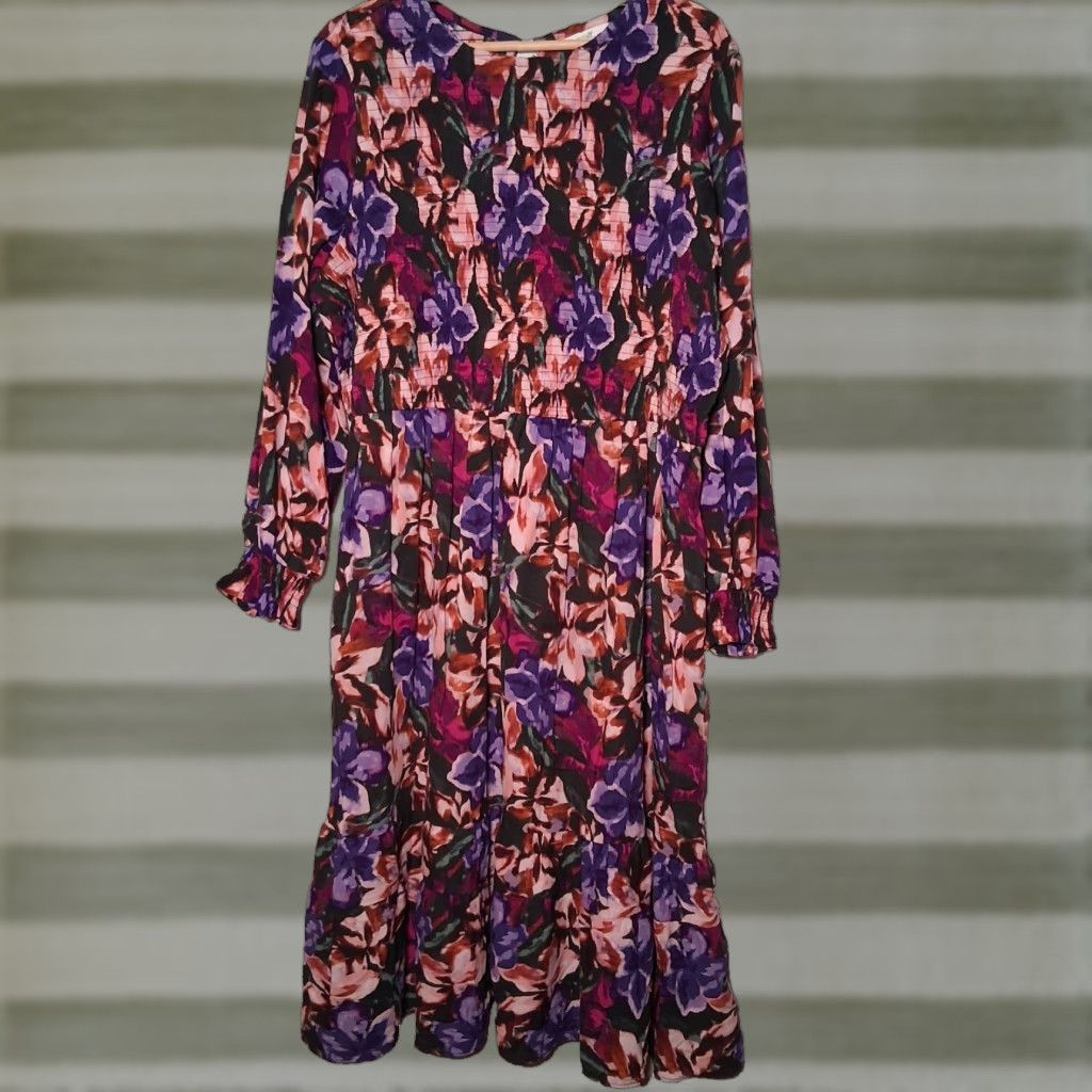 Vintage Terra & Sky Maxi Dress Plus Size 2X Pink Floral Long Sleeve Tiered Smocked Casual Women Size XXL / US 16-18 / IT 52-54 - 1 Thumbnail