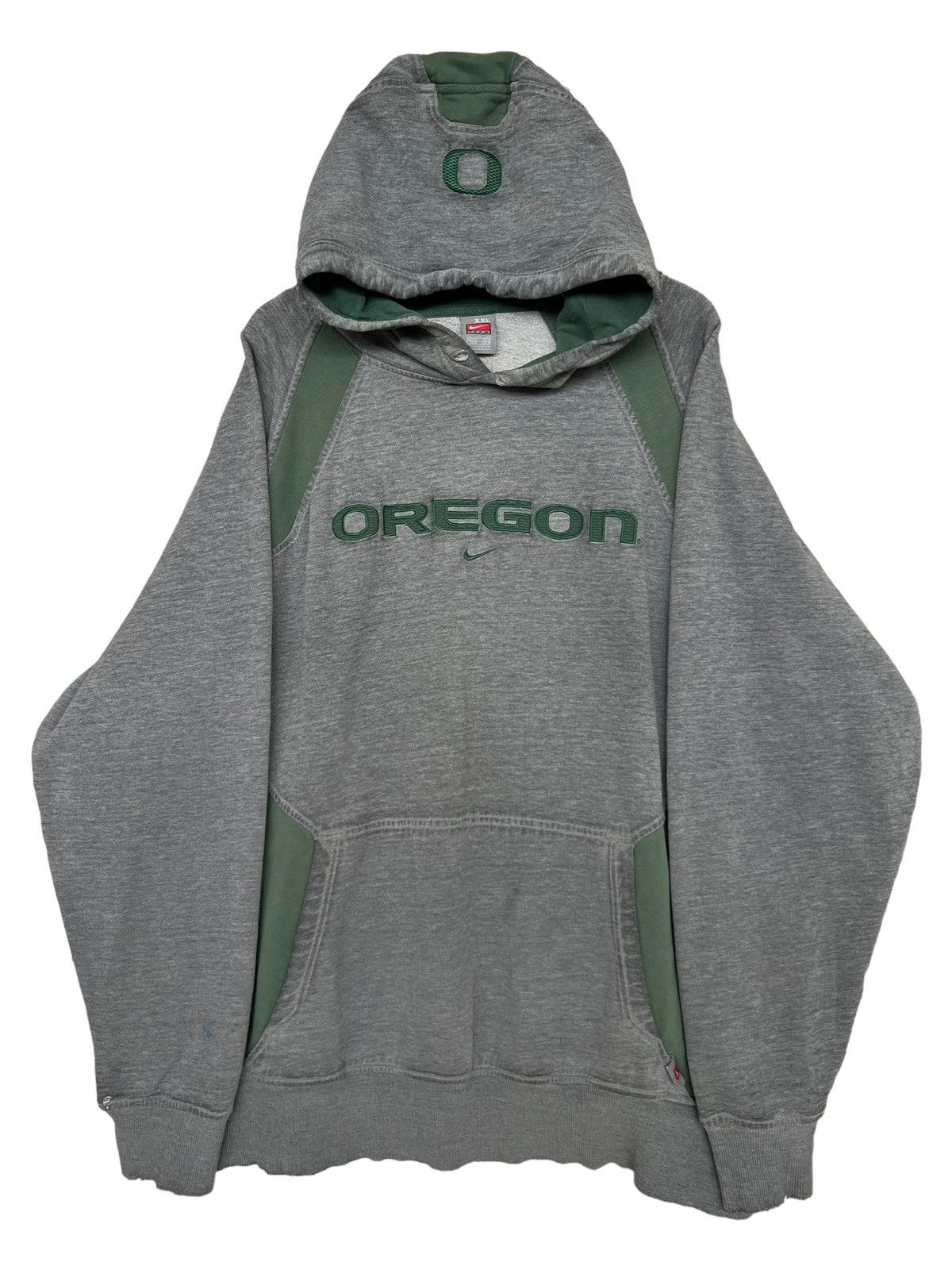 image of Nike Center Swoosh Oregon Distressed Baggy Hoodie in Gray/Green, Men's (Size 2XL)