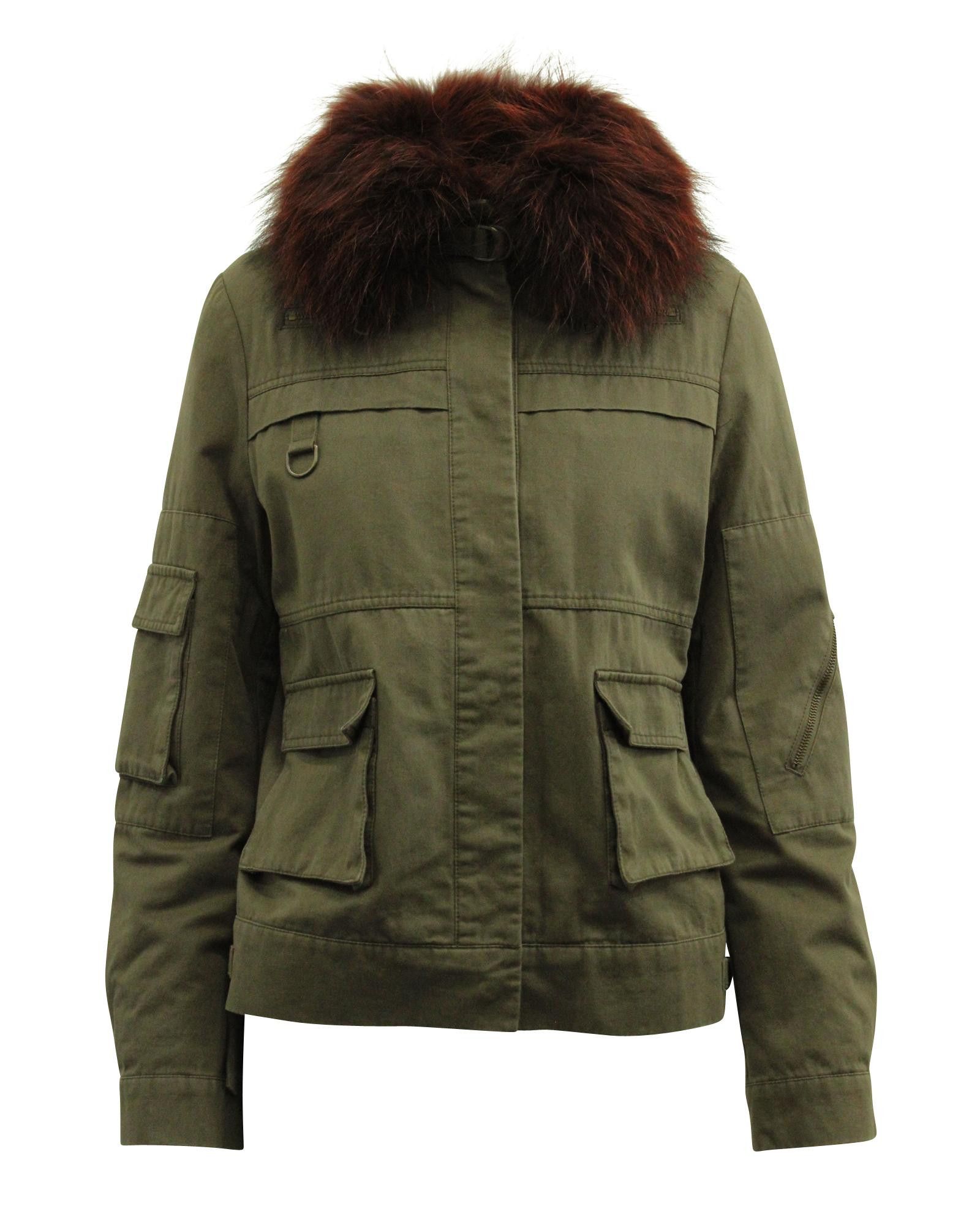 image of YVES Salomon Green Cotton Utility Jacket With Detachable Fur Lining in Green/Olive, Women's (Size X