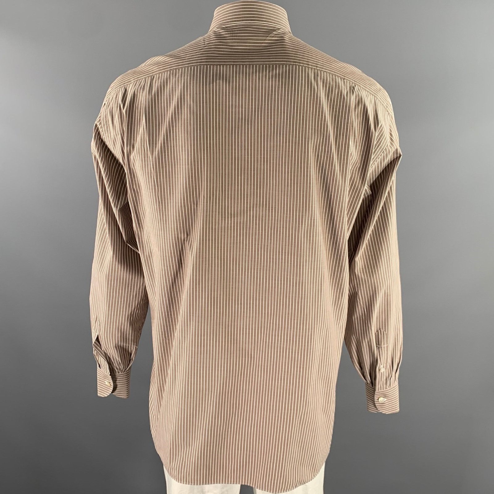 Other BORRELLI Size L Brown White Stripe Cotton Long Sleeve Shirt Size 48R - 4 Thumbnail