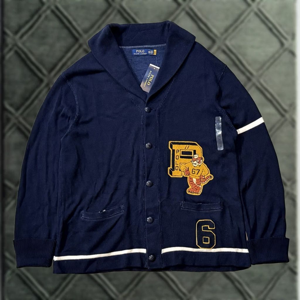 Ralph Lauren NWT Polo Ralph Lauren “Tigers ‘67 Varsity Letterman” Shawl Cardigan XXL Sweater Mens Blue Cotton Knit Embroidered Logo Button Vintage No Size US XXL / EU 58 / 5 - 1 Thumbnail