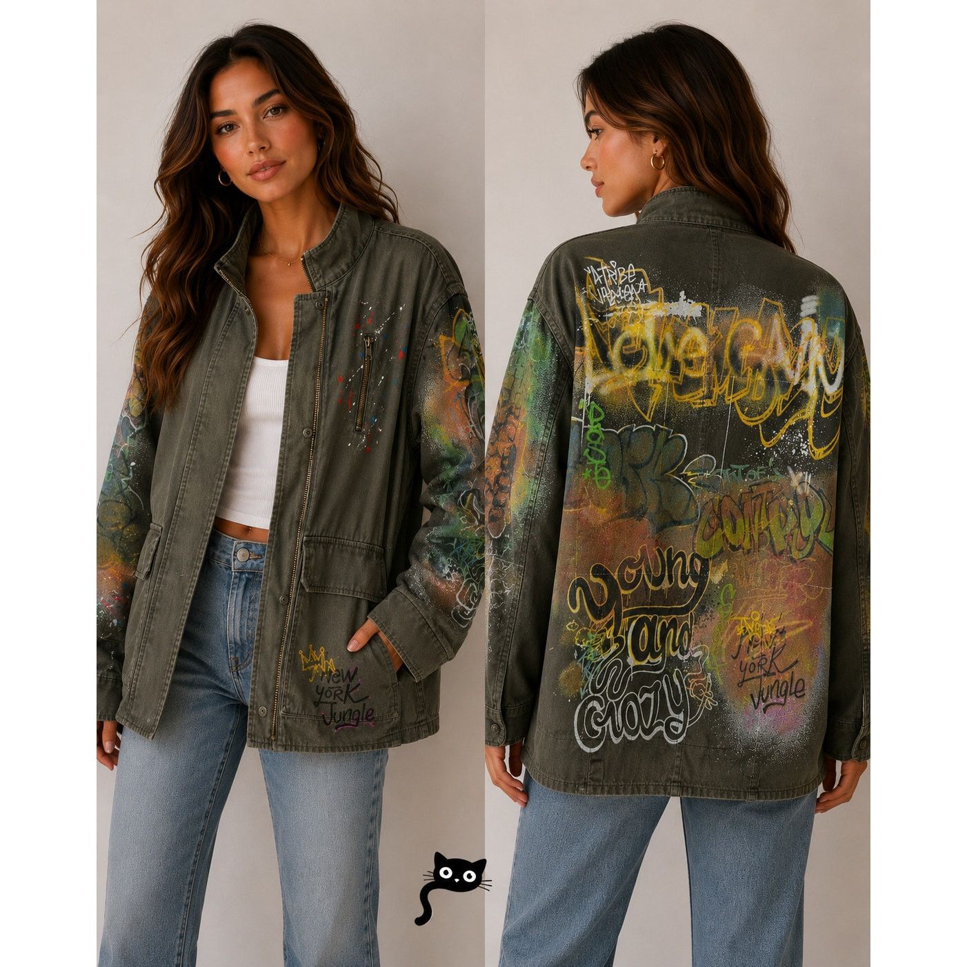 Zara Zara Army Green Grafitti New York Jungle Zip Utility Jacket Size XS / US 0-2 / IT 36-38 - 17 Thumbnail