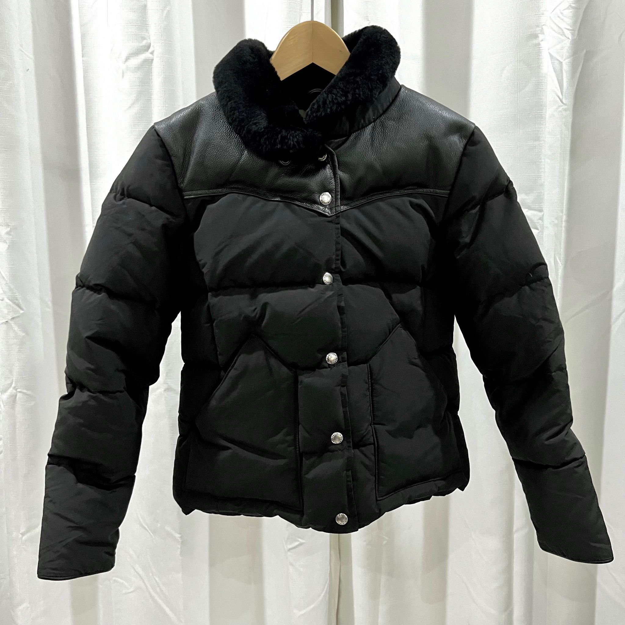 image of Penfield Real Shearling Collar Down Leather Puffer Jacket in Black, Women's (Size Small)