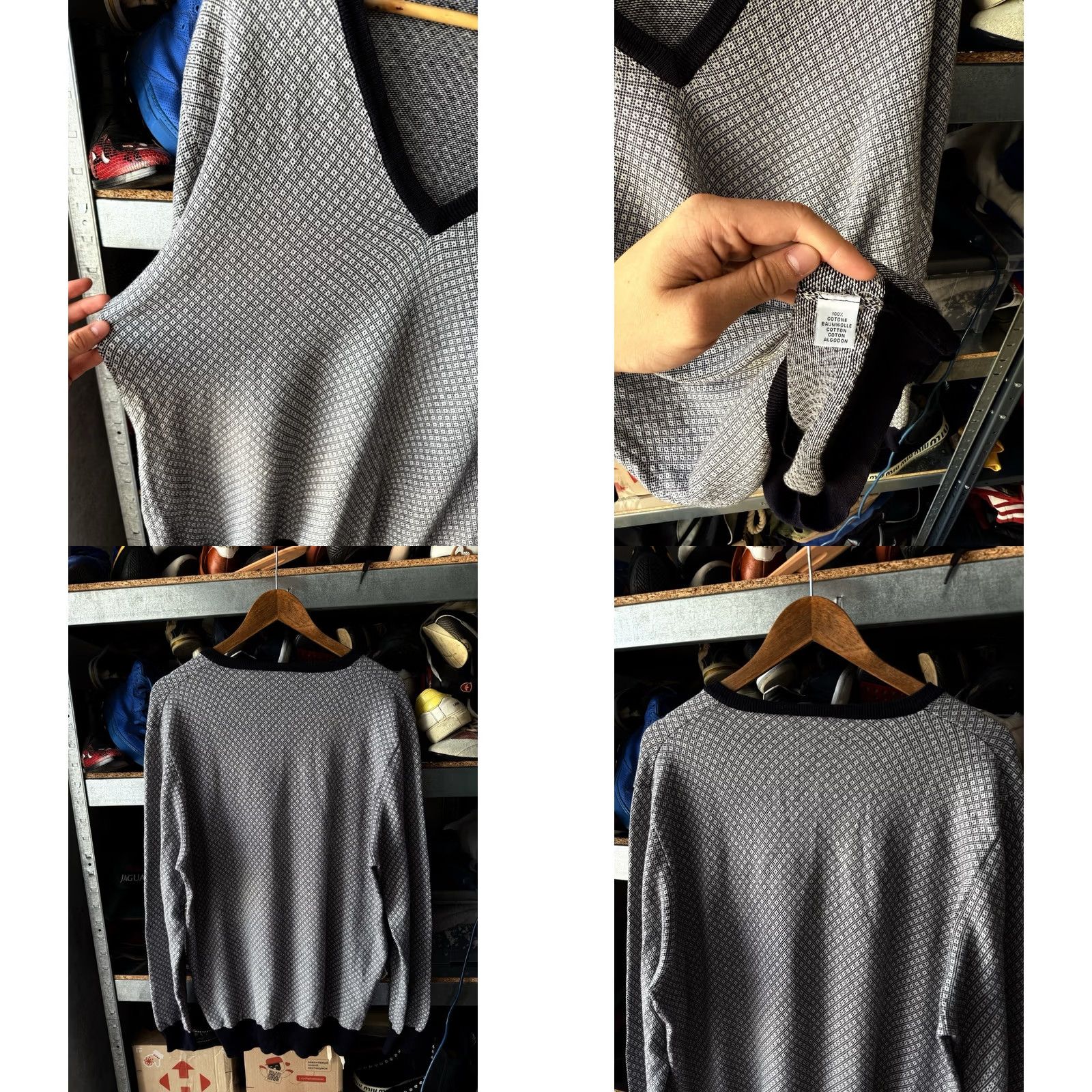 Vintage Boggi Milano Sweater V-Neck Wool Cotton Grey Herringbone Men’s Sz L-XL Pullover Card Ac? Size US L / EU 52-54 / 3 - 8 Thumbnail